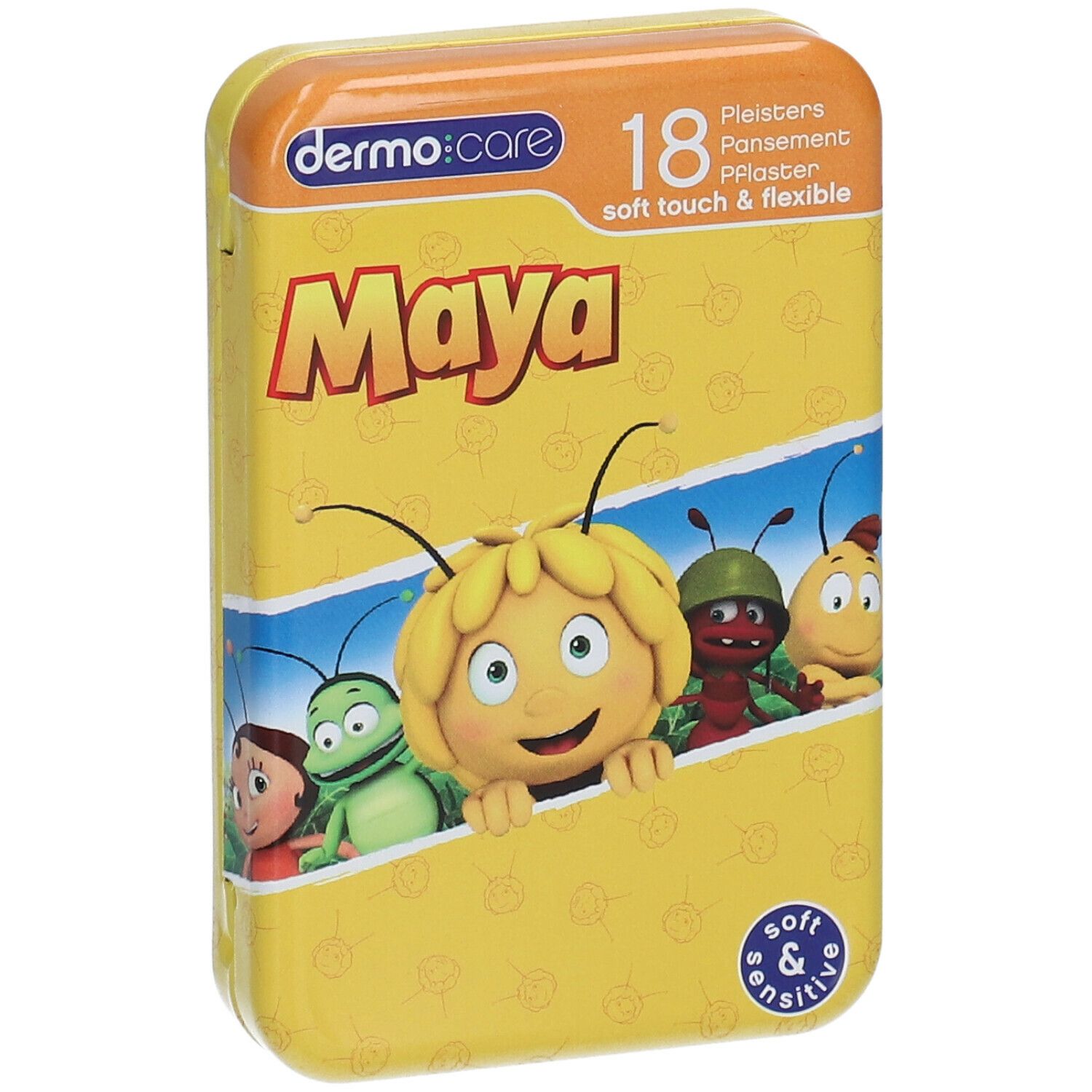 Boîte métallique jaune avec "dermo:care" et "Maya". Contient 18 pansements. Illustration de Maya l'abeille et amis.