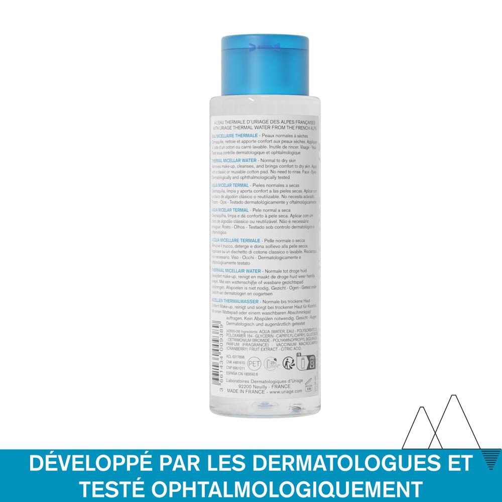 Flacon Uriage Eau Micellaire Thermale. Emballage bleu et blanc. Contient de l'eau thermale et extrait de cranberry. Peaux normales à sèches.