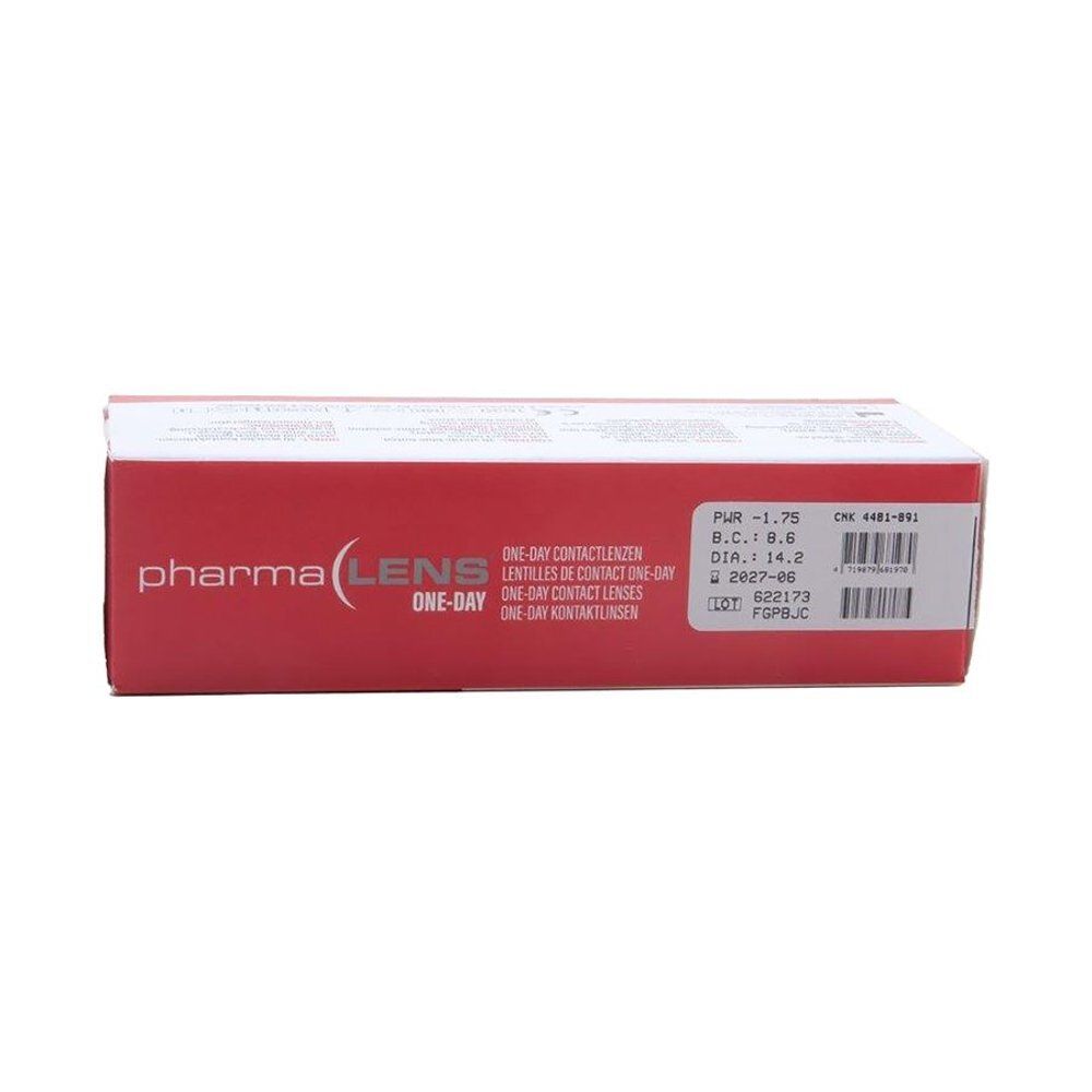 Lentilles de contact PharmaLens One-Day, 30 unités. Emballage rouge et blanc avec motif oculaire.
