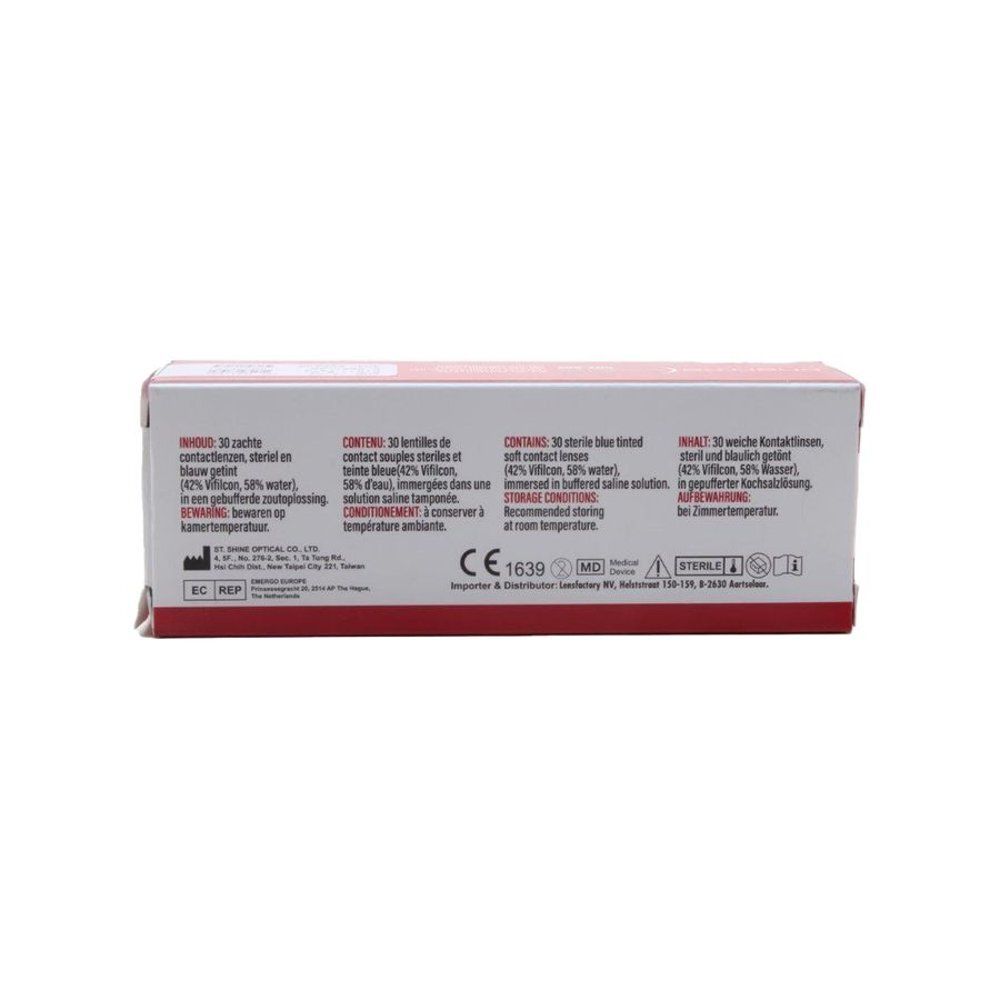 Lentilles de contact PharmaLens One-Day, 30 unités. Vue latérale de l'emballage rouge et blanc.