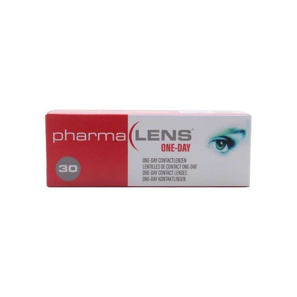 Arrière de l'emballage des lentilles de contact PharmaLens One-Day. Comprend les certifications CE et MD.