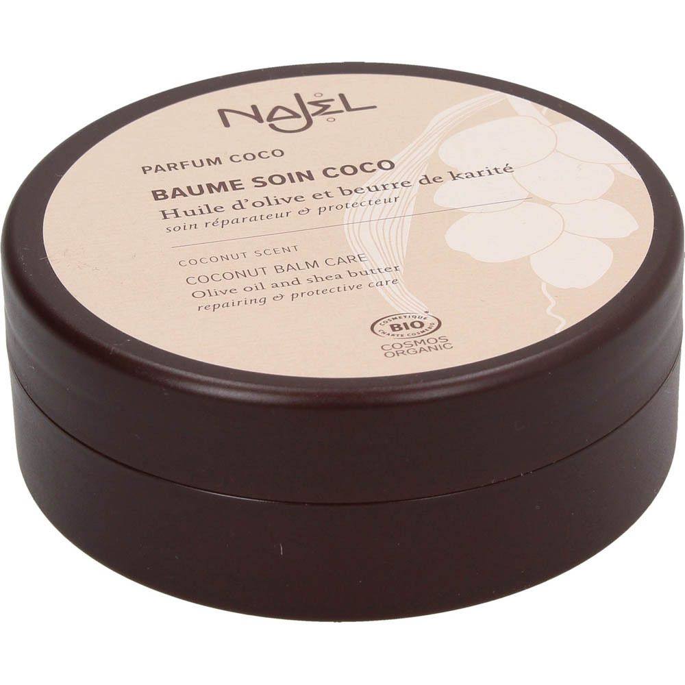 Pot marron avec couvercle marron. Inscription : Parfum Coco, Baume Soin Coco. Certification bio.