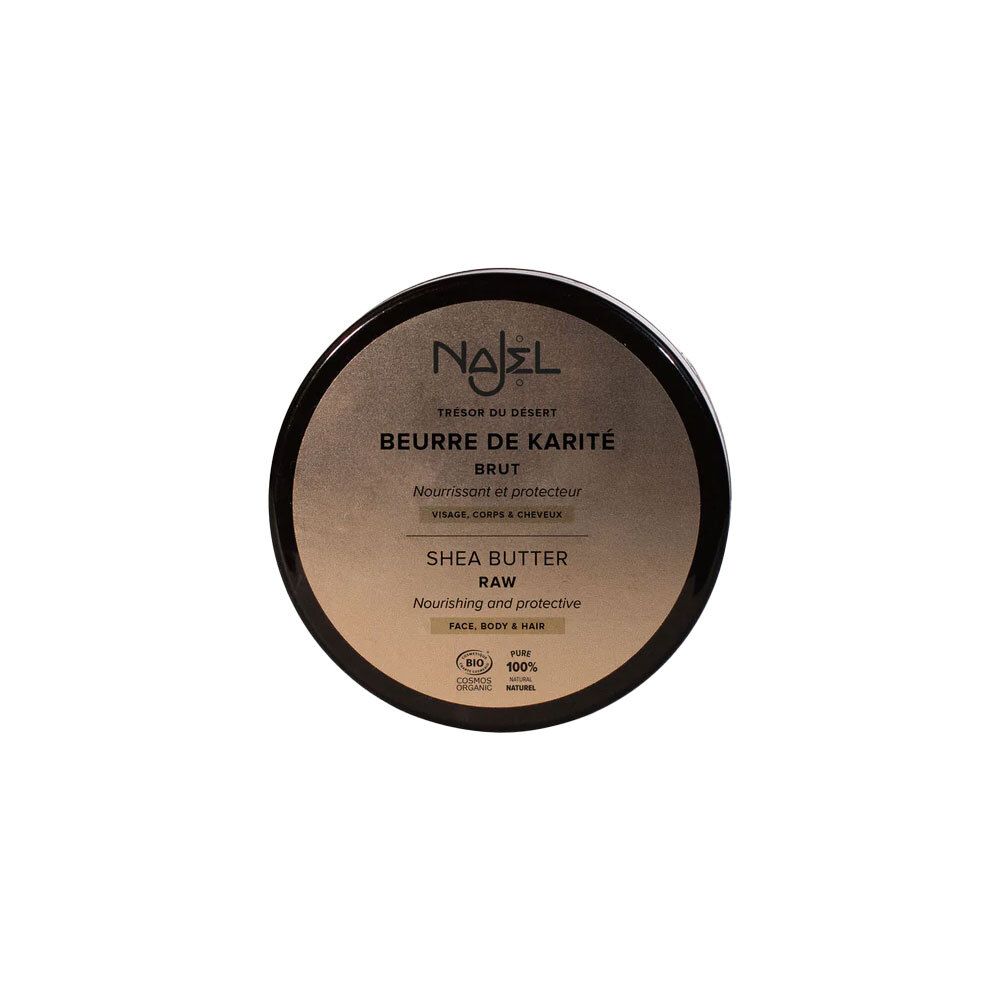 Pot rond avec couvercle marron. Inscriptions : Najel, Beurre de Karité, Shea Butter, Nourrissant et Protecteur. Vue de dessus.