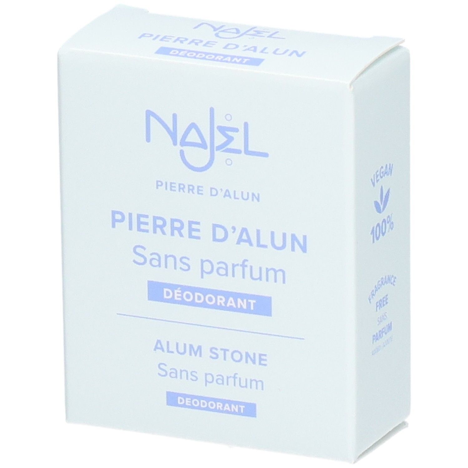 Boîte blanche avec texte violet. Najel, Pierre d'Alun, Sans parfum, Déodorant, Alum Stone, Sans parfum, Déodorant.