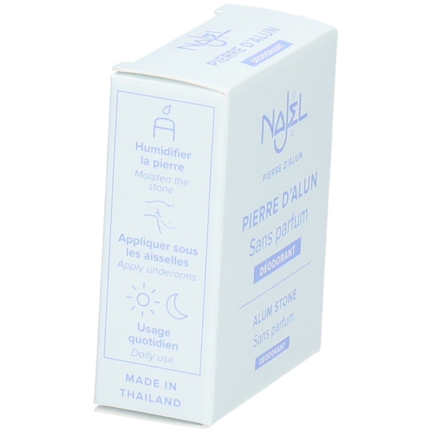 Boîte blanche avec texte et pictogrammes violets. Najel, Pierre d'Alun, Sans parfum, Déodorant, Alum Stone, Sans parfum, Déodorant. Fabriqué en Thaïlande.