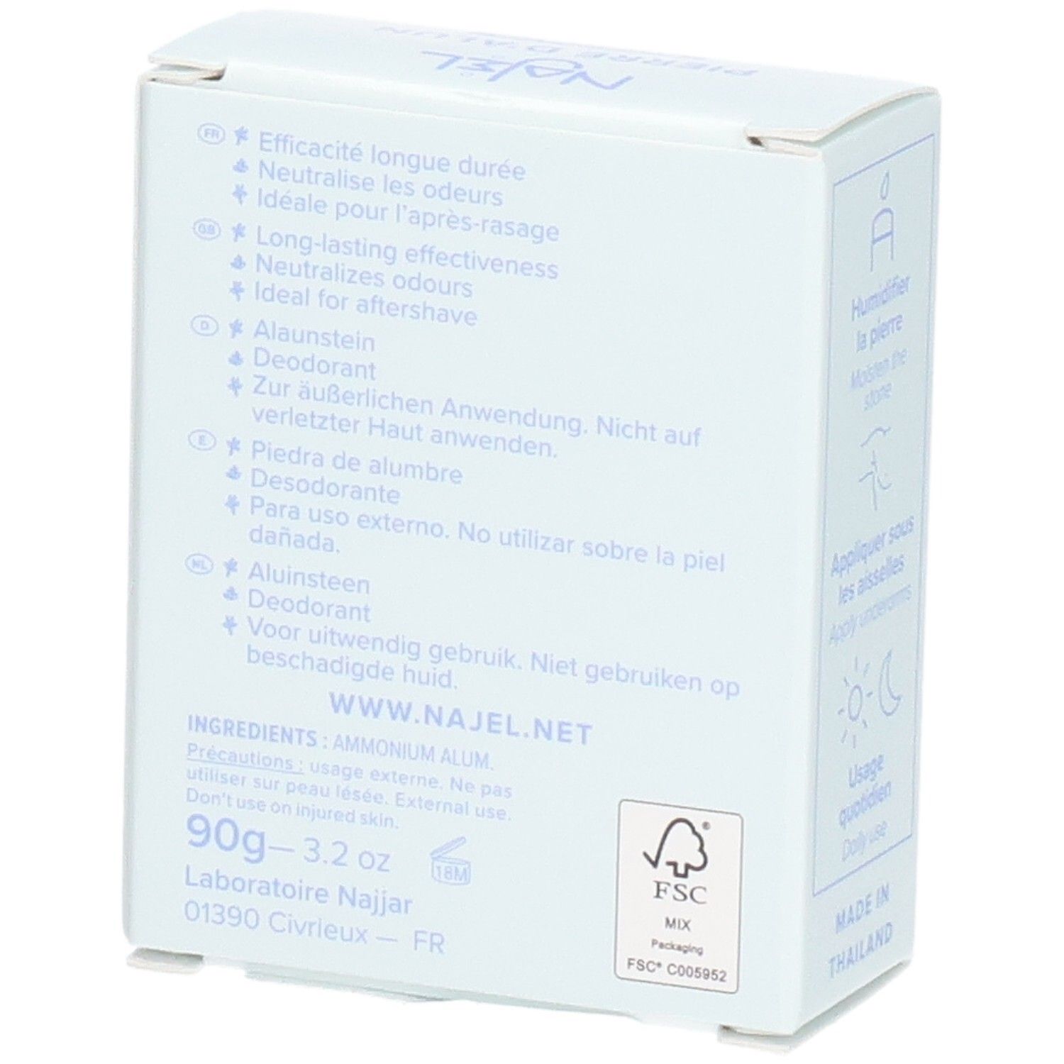 Dos de la boîte blanche. Texte: Najel, Pierre d'Alun, Ingrédients, 90g, logo FSC. Instructions en plusieurs langues.