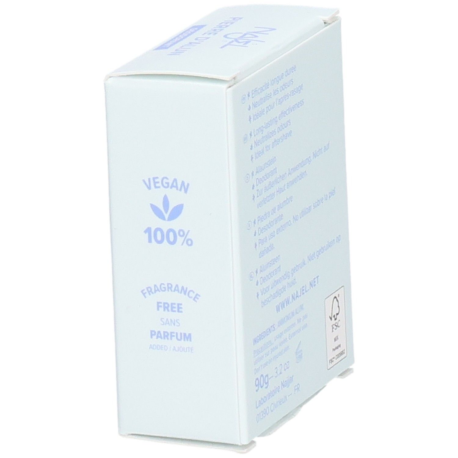 Boîte blanche avec texte violet. Najel, Pierre d'Alun, Sans parfum, Déodorant, Alum Stone, Sans parfum, Déodorant. Vegan, 100%, sans parfum.