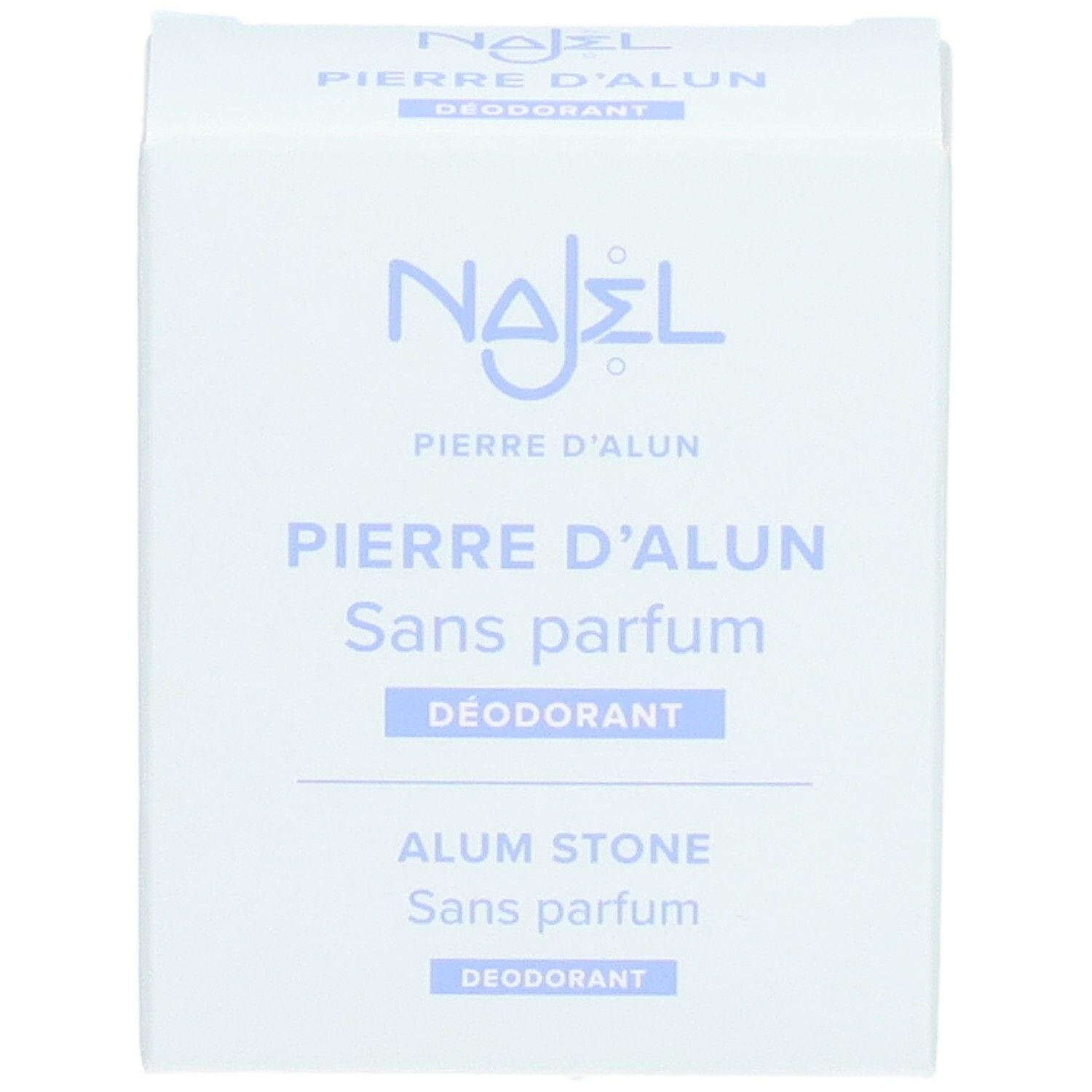 Boîte blanche avec texte violet. Najel, Pierre d'Alun, Sans parfum, Déodorant, Alum Stone, Sans parfum, Déodorant.