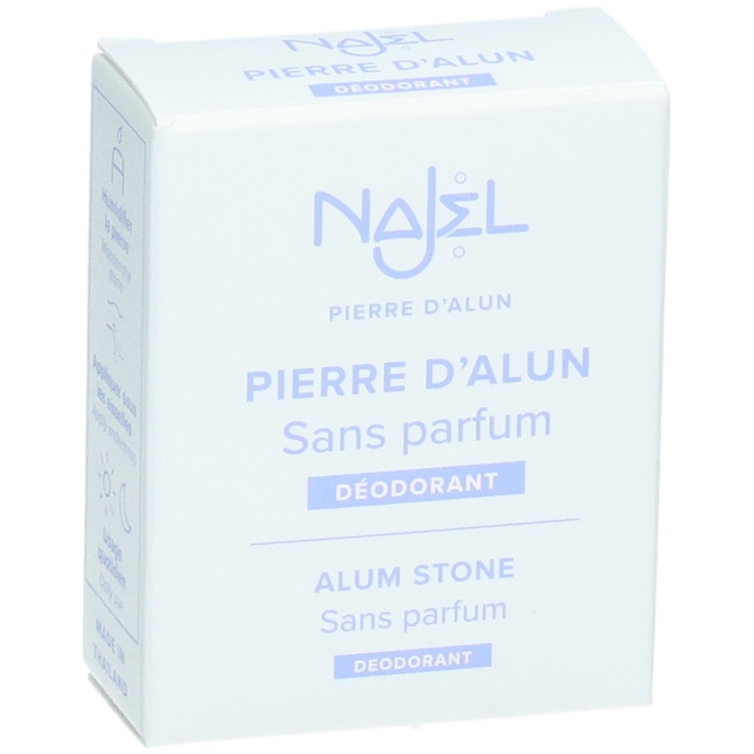 Boîte blanche avec texte violet. Najel, Pierre d'Alun, Sans parfum, Déodorant, Alum Stone, Sans parfum, Déodorant.