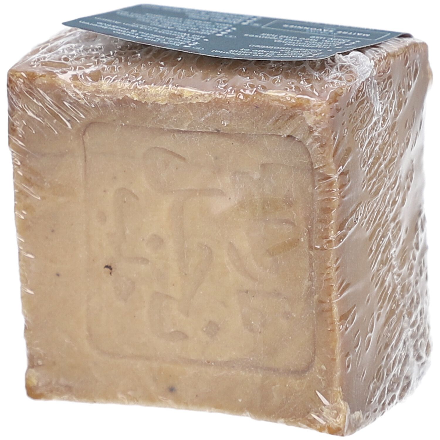 Bloc de savon carré emballé. Un motif est imprimé sur le savon.