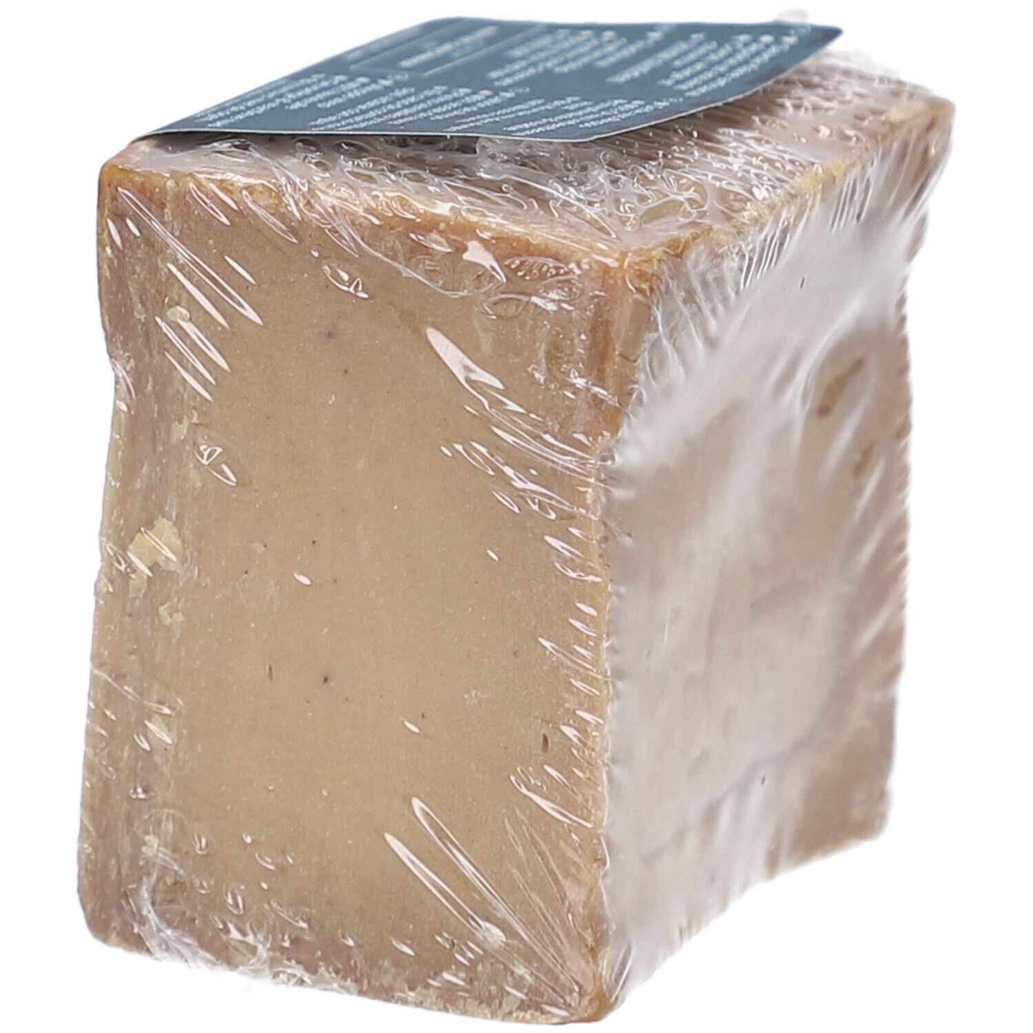 Bloc de savon emballé. Le bloc est rectangulaire.