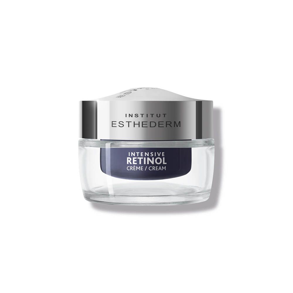 Pot de crème transparent avec couvercle argenté. Inscription: INTENSIVE RETINOL CRÈME/CREAM.