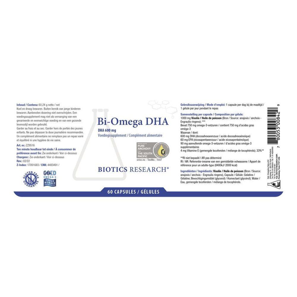 Arrière d'une bouteille Bi-Omega DHA avec informations détaillées.