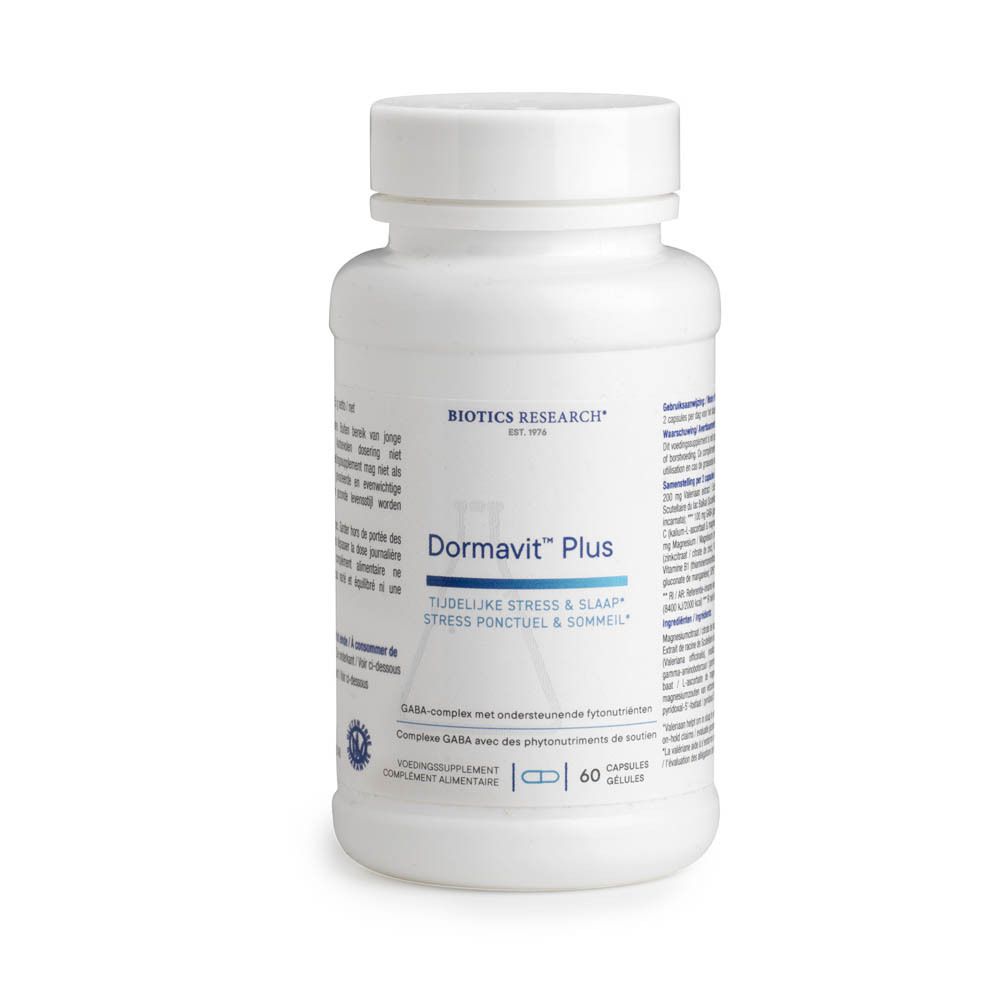 Flacon blanc de gélules. Inscription Dormavit Plus, 60 gélules. Logo Biotics Research. Informations supplémentaires.
