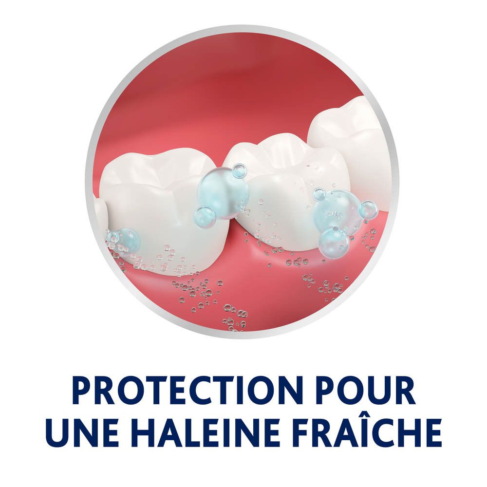 Illustration : dents et bulles. Texte : Protection pour une haleine fraîche.