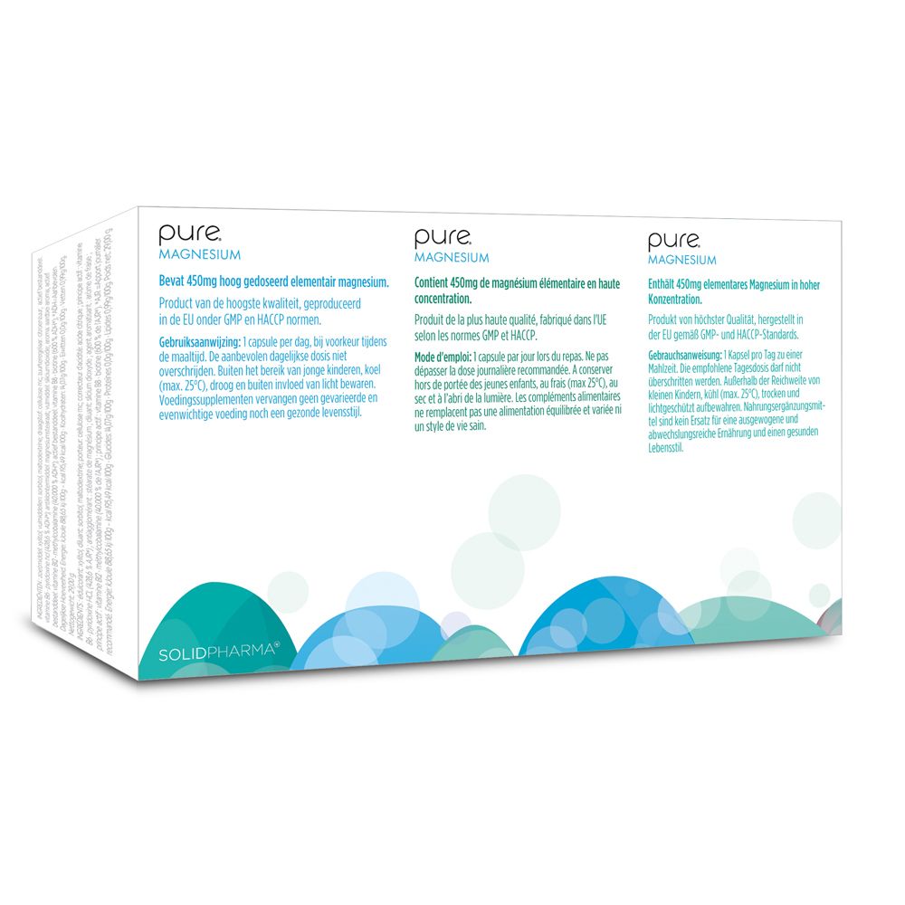 Dos de la boîte blanche avec logo « pure Magnesium ». Texte en allemand, néerlandais et français.