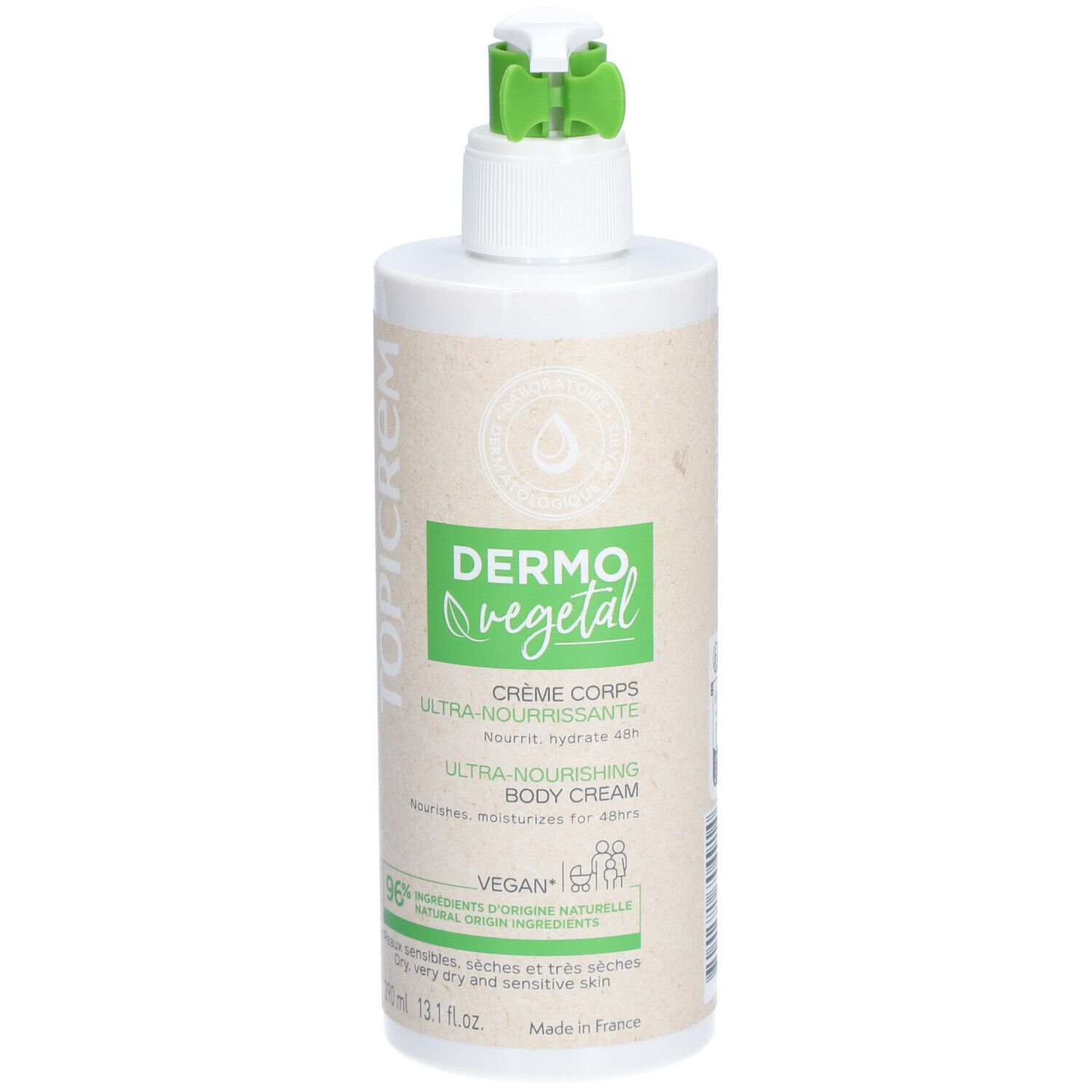 Flacon blanc avec pompe verte. Inscription: DermoVegetal, Crème Corps, Ultra-Nourrissante, Ultra-Nourishing Body Cream.