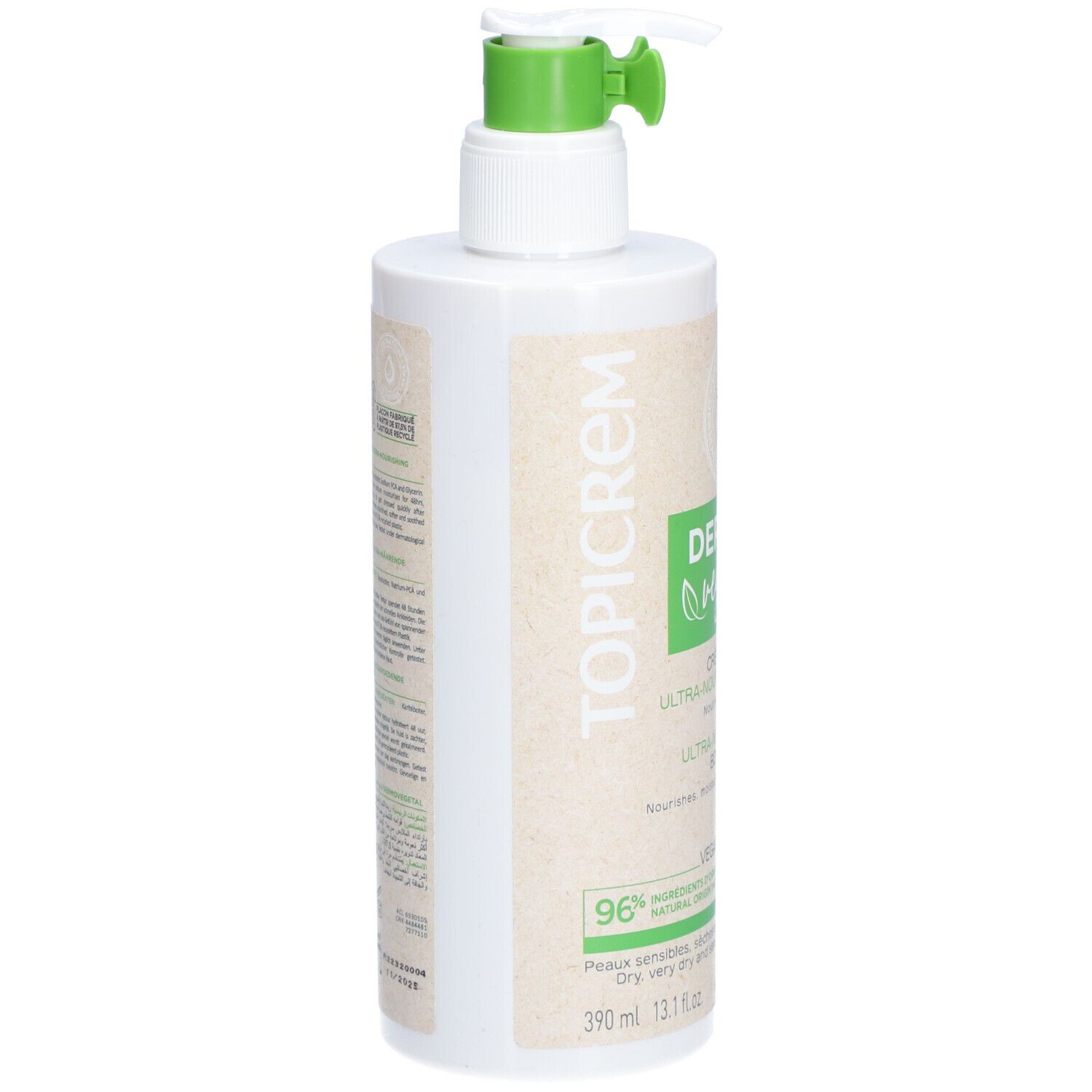 Flacon blanc avec pompe verte. Inscription: Topicrem, DermoVegetal, Crème Corps, Ultra-Nourrissante, Ultra-Nourishing Body Cream.