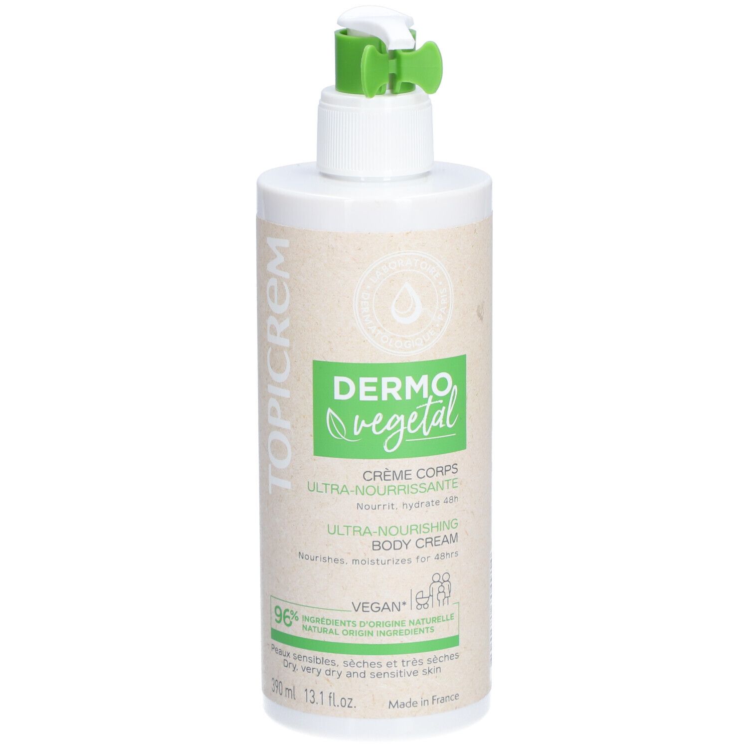 Flacon blanc avec pompe verte. Inscription: DermoVegetal, Crème Corps, Ultra-Nourrissante, Ultra-Nourishing Body Cream.