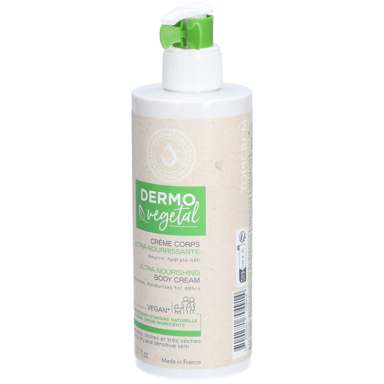 Flacon blanc avec pompe verte. Inscription: DermoVegetal, Crème Corps, Ultra-Nourrissante, Ultra-Nourishing Body Cream.