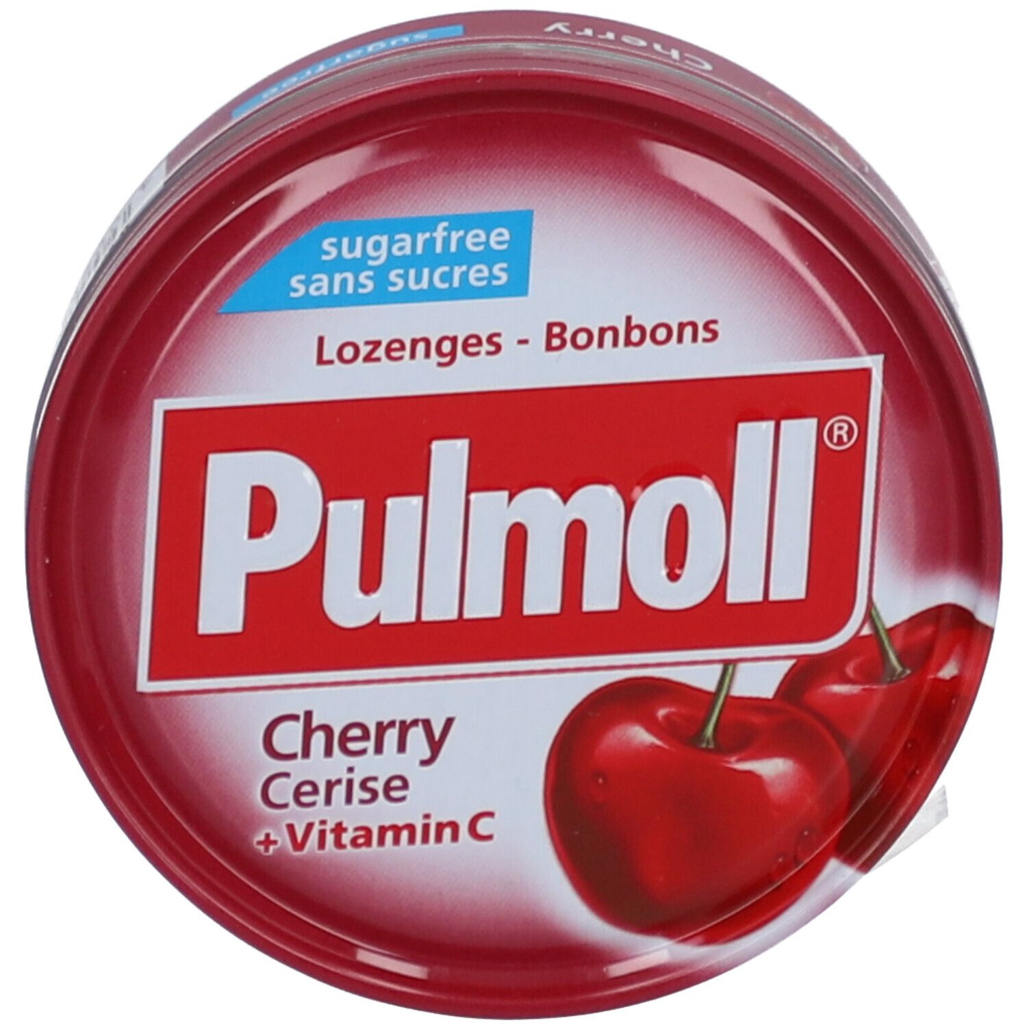 Boîte ronde "Pulmoll", cerises et "Cherry + Vitamine C". Inscription "sugarfree".