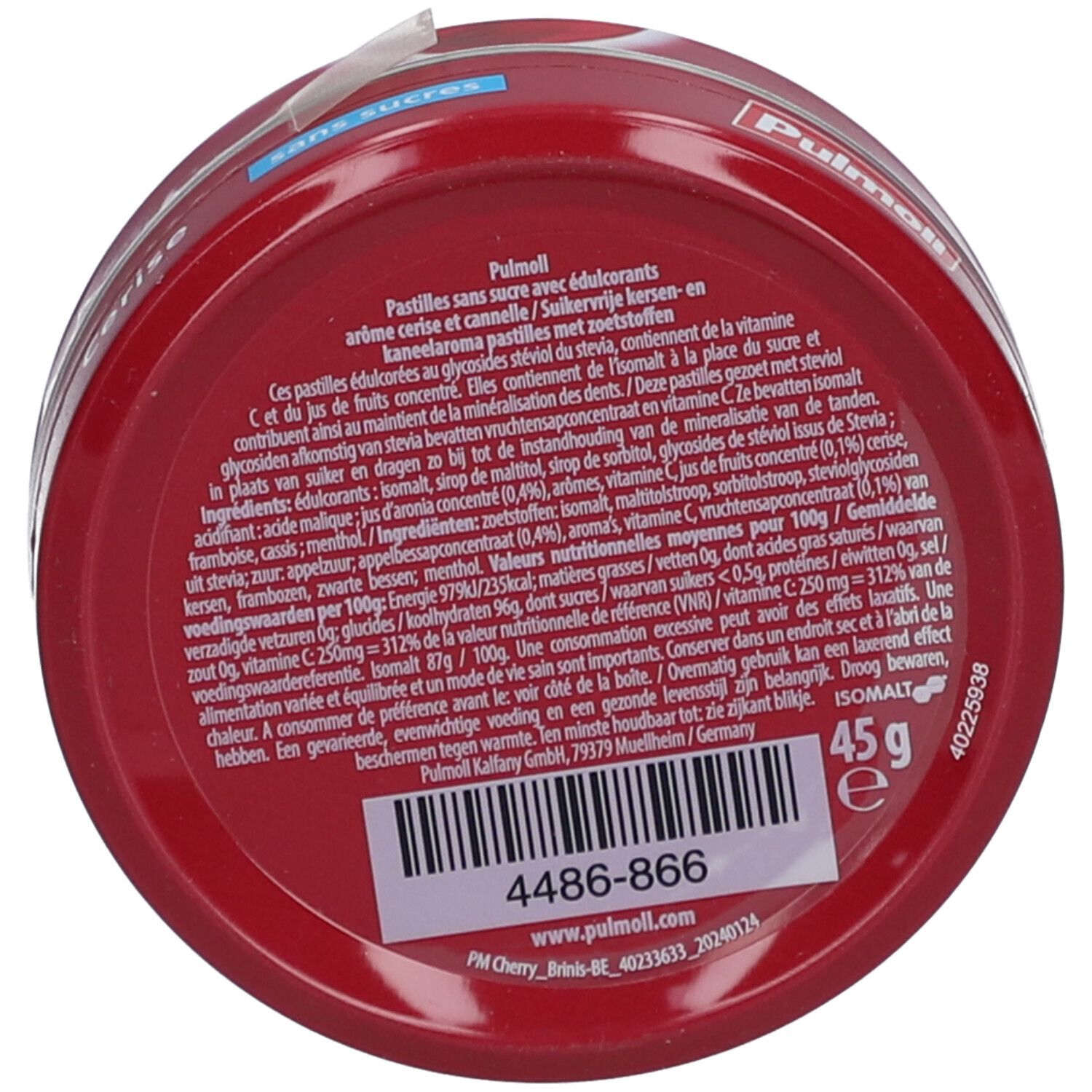 Boîte rouge avec texte. "Pulmoll" et informations. 45g. Code-barres et adresse du site web.