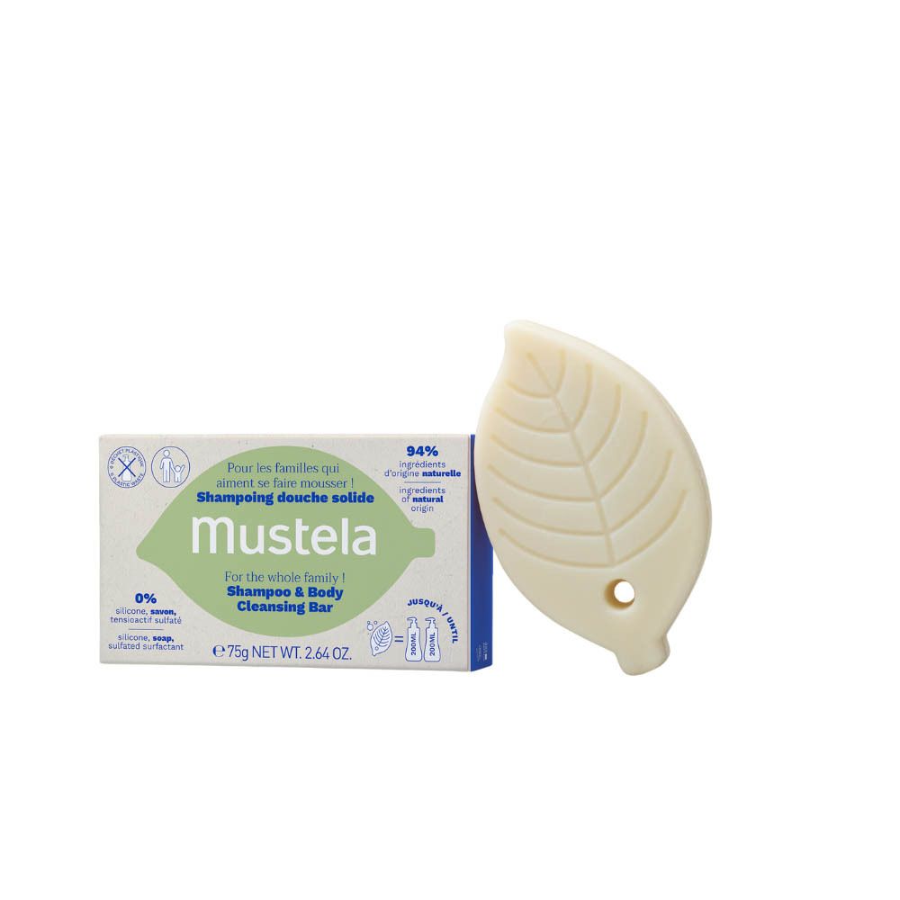 Emballage Mustela et savon en forme de feuille. Nom du produit et ingrédients.