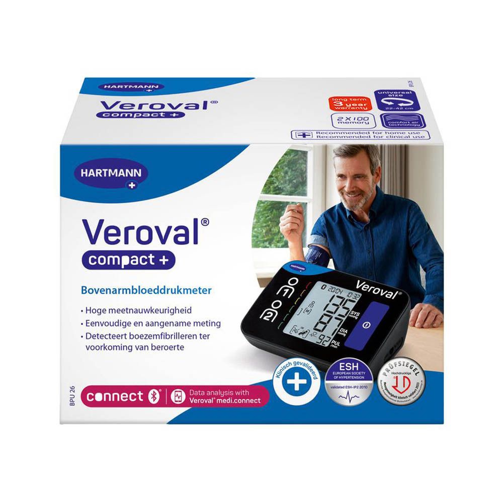 Tensiomètre Veroval compact+ en boîte. Homme utilisant l'appareil. Certification ESH. Vue en angle.