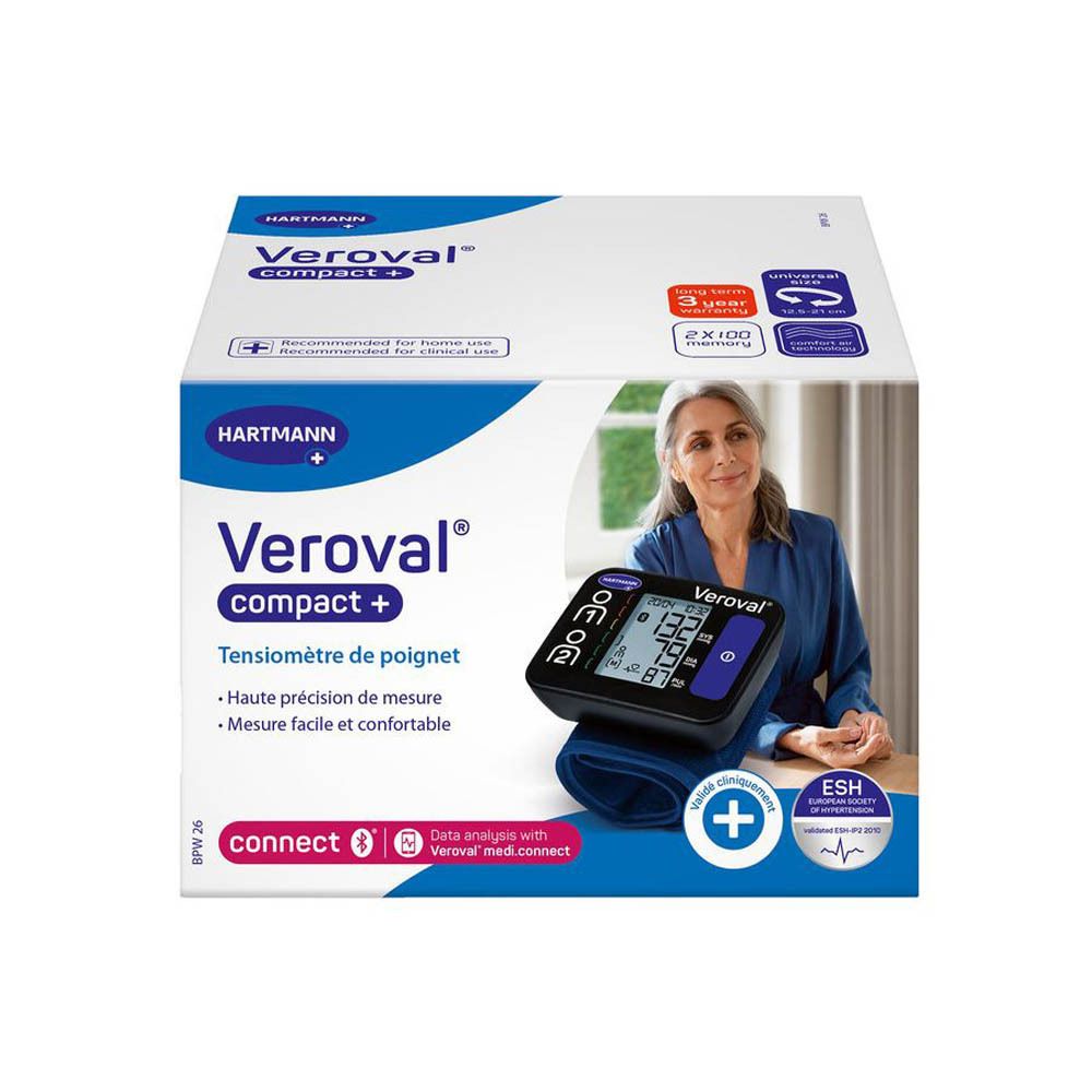 Veroval compact+ tensiomètre poignet. Appareil noir avec écran et brassard. Boîte avec femme.