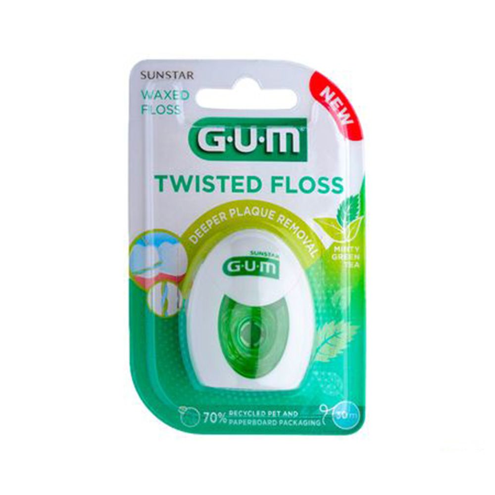 Fil dentaire G.U.M Twisted Floss, emballage vert et blanc. Contient une bobine de fil dentaire. Inscription : "Deeper Plaque Removal".