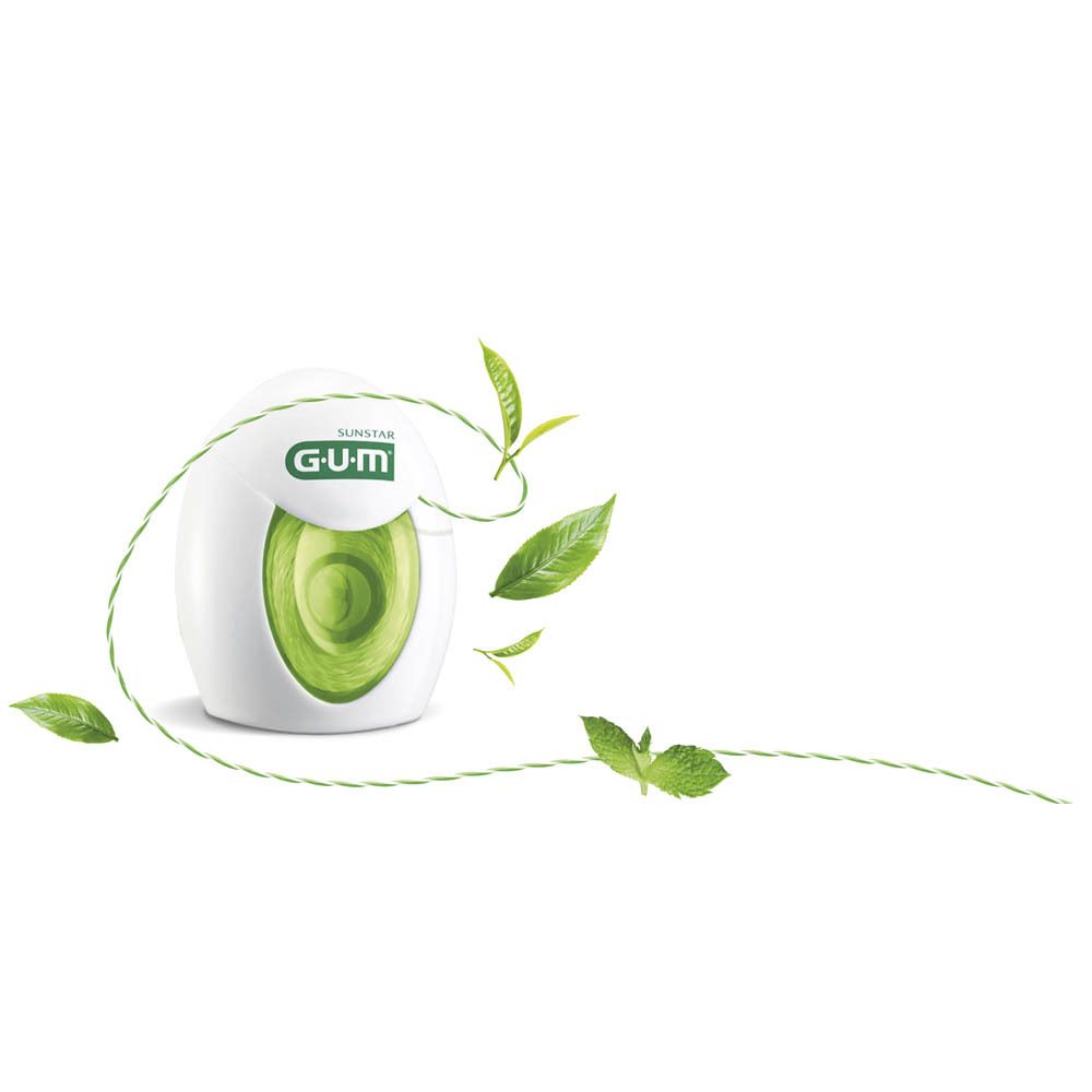 Distributeur de fil dentaire GUM Twisted Floss blanc et vert. Brins de fil dentaire et feuilles vertes. Inscriptions : SUNSTAR, GUM. Minty Green Tea.