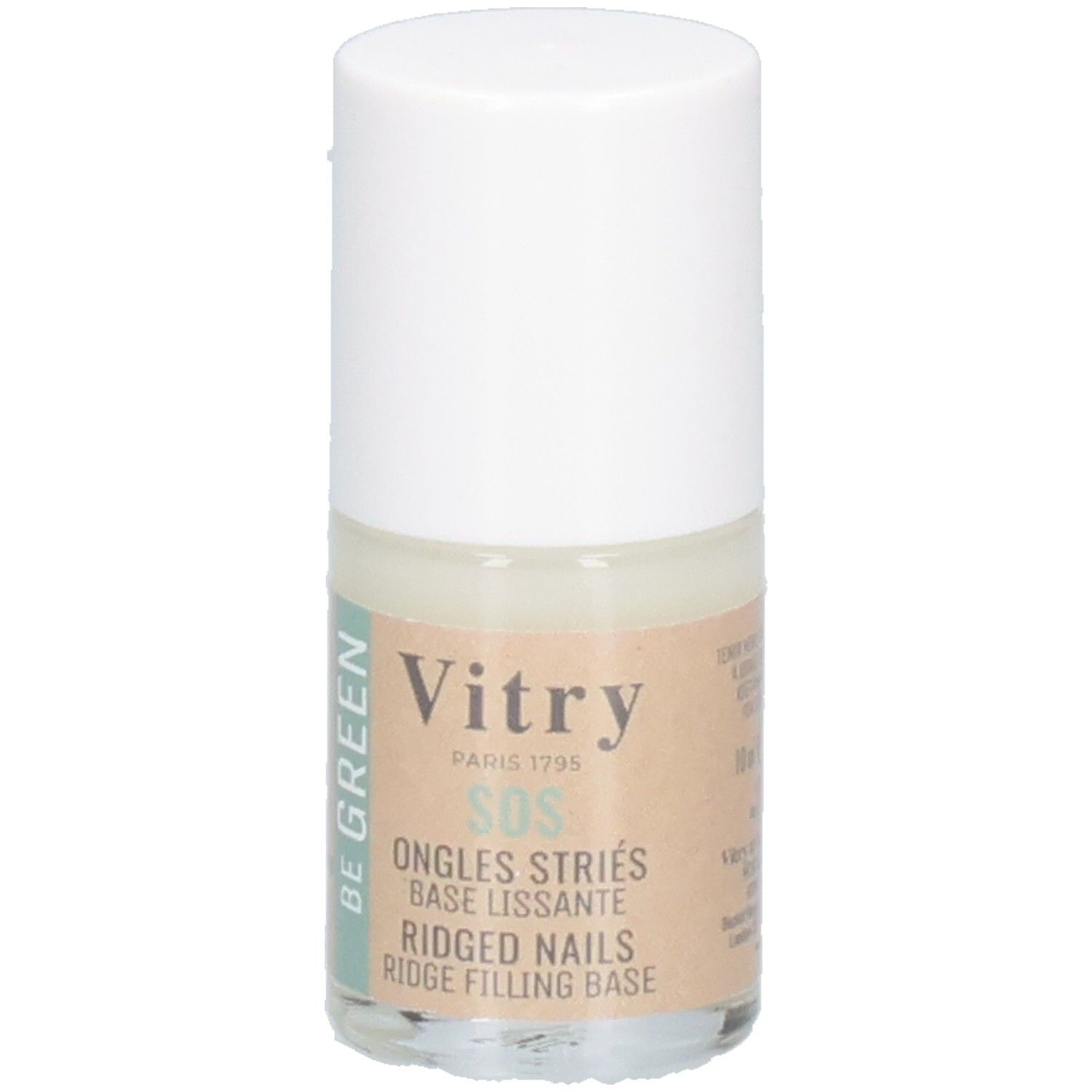 Vernis à ongles Vitry SOS. Flacon avec bouchon blanc. Inscription: SOS Ongles Striés, Base Lissante, Ridged Nails, Ridge Filling Base.