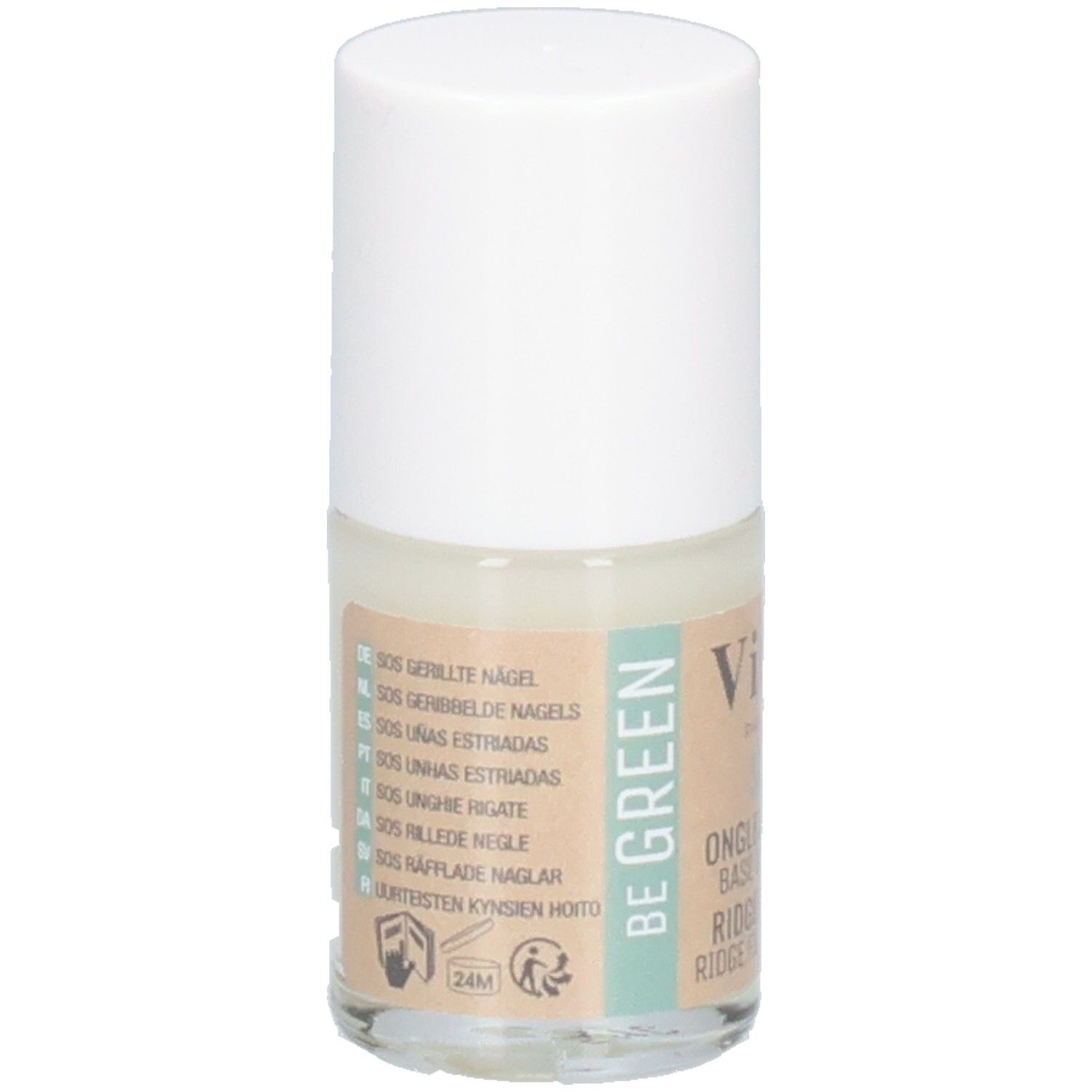 Vernis à ongles Vitry SOS. Flacon avec bouchon blanc. Liste des ingrédients au dos. Logo Be Green.