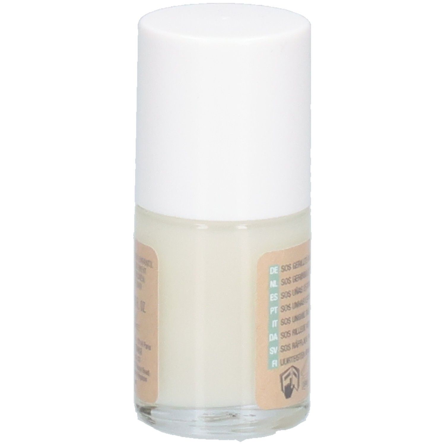 Vernis à ongles Vitry SOS. Flacon avec bouchon blanc. Dos avec ingrédients et informations fabricant.