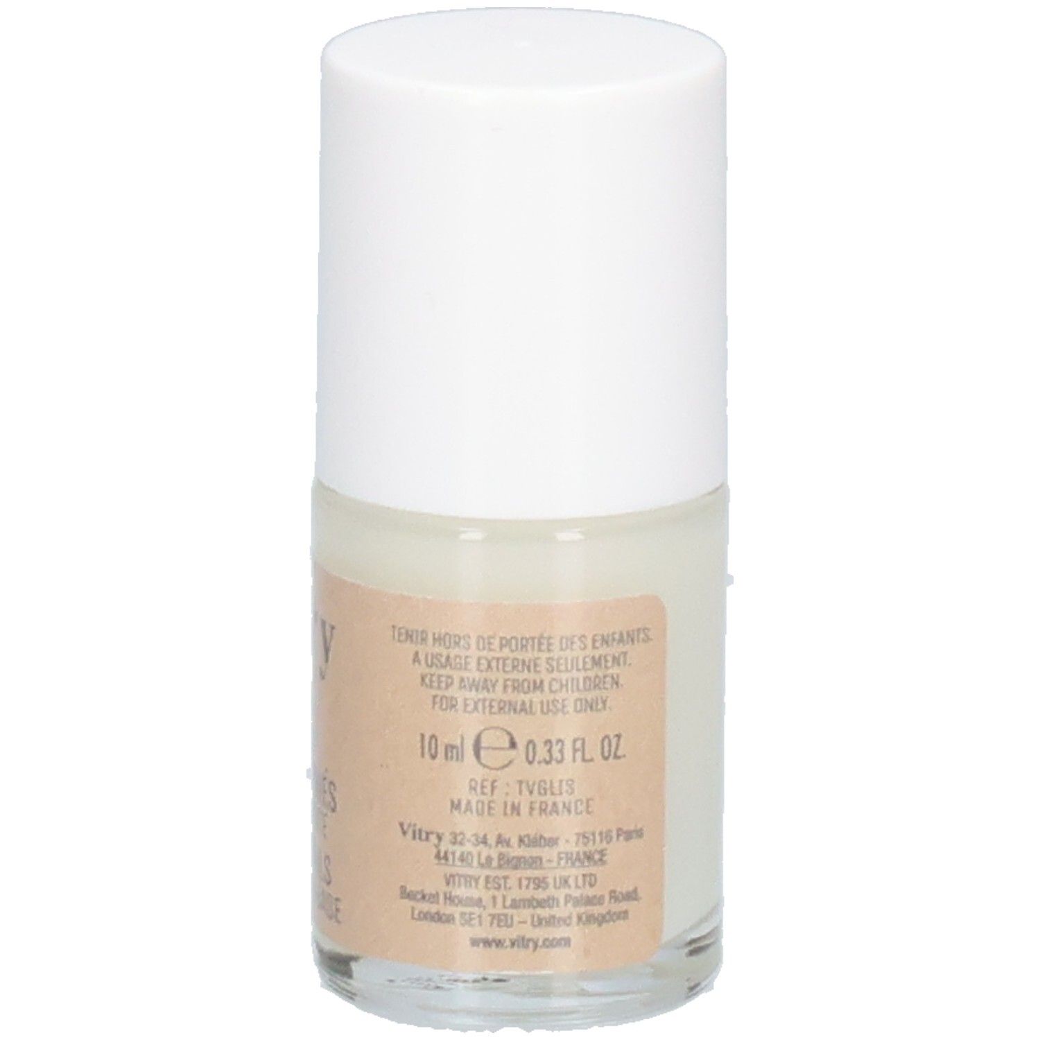 Vernis à ongles Vitry SOS. Flacon avec bouchon blanc. Inscription: 10 ml, 0.33 fl oz. Informations fabricant.