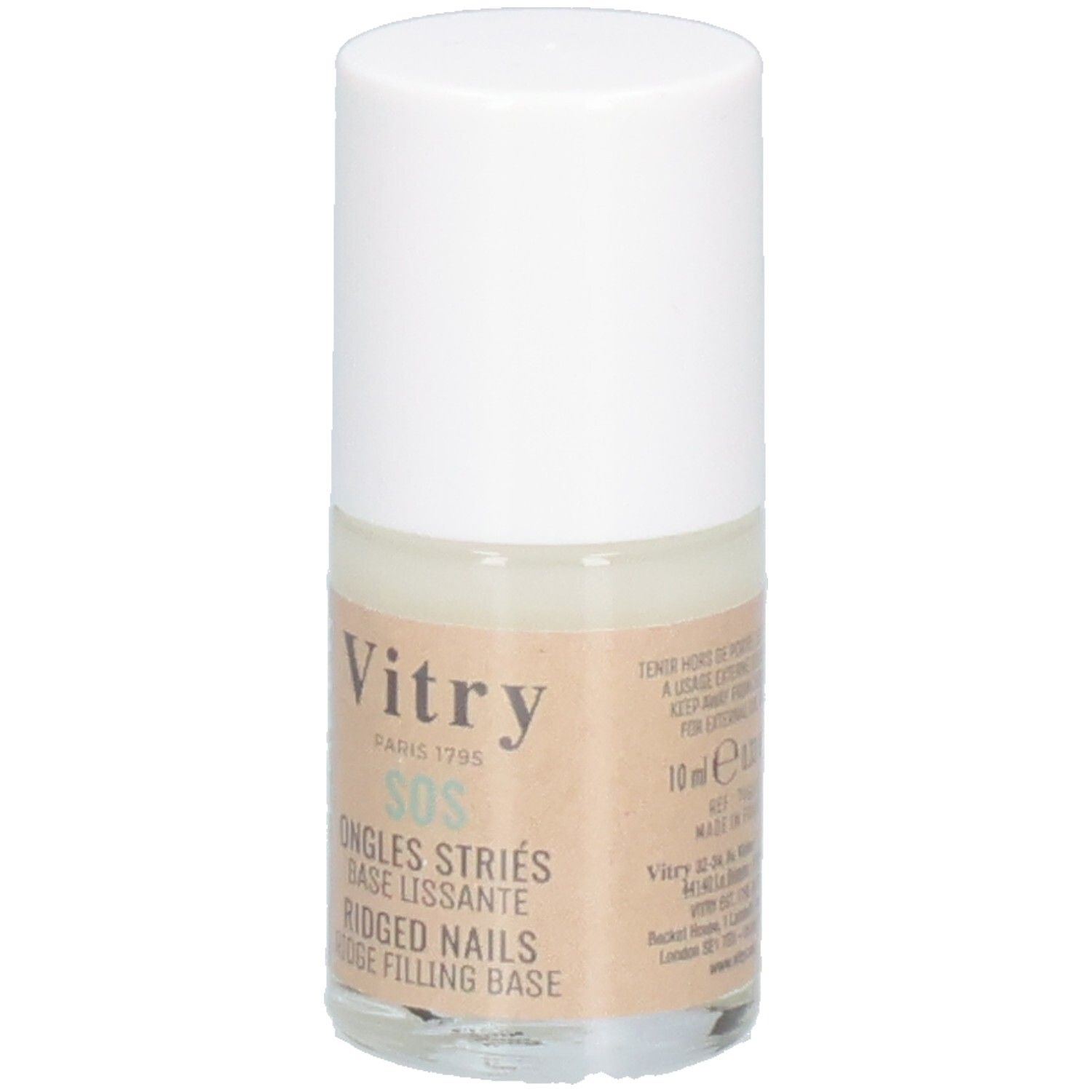Vernis à ongles Vitry SOS. Flacon avec bouchon blanc. Inscription: SOS Ongles Striés, Base Lissante, Ridged Nails, Ridge Filling Base.