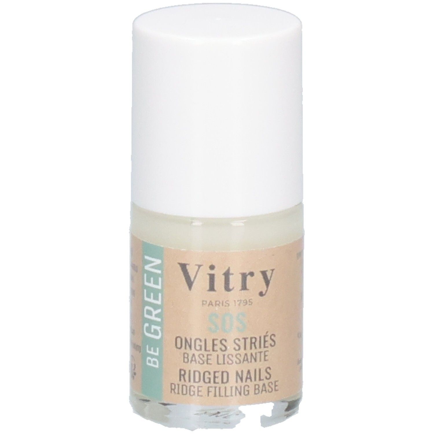 Vernis à ongles Vitry SOS. Flacon avec bouchon blanc. Inscription: SOS Ongles Striés, Base Lissante, Ridged Nails, Ridge Filling Base. Logo Be Green.