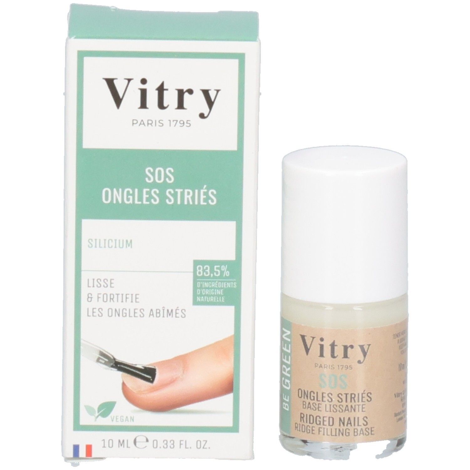 Vernis à ongles Vitry SOS et emballage. Inscription: SOS Ongles Striés, Base Lissante, Ridged Nails, Ridge Filling Base. 82% de sources bio.