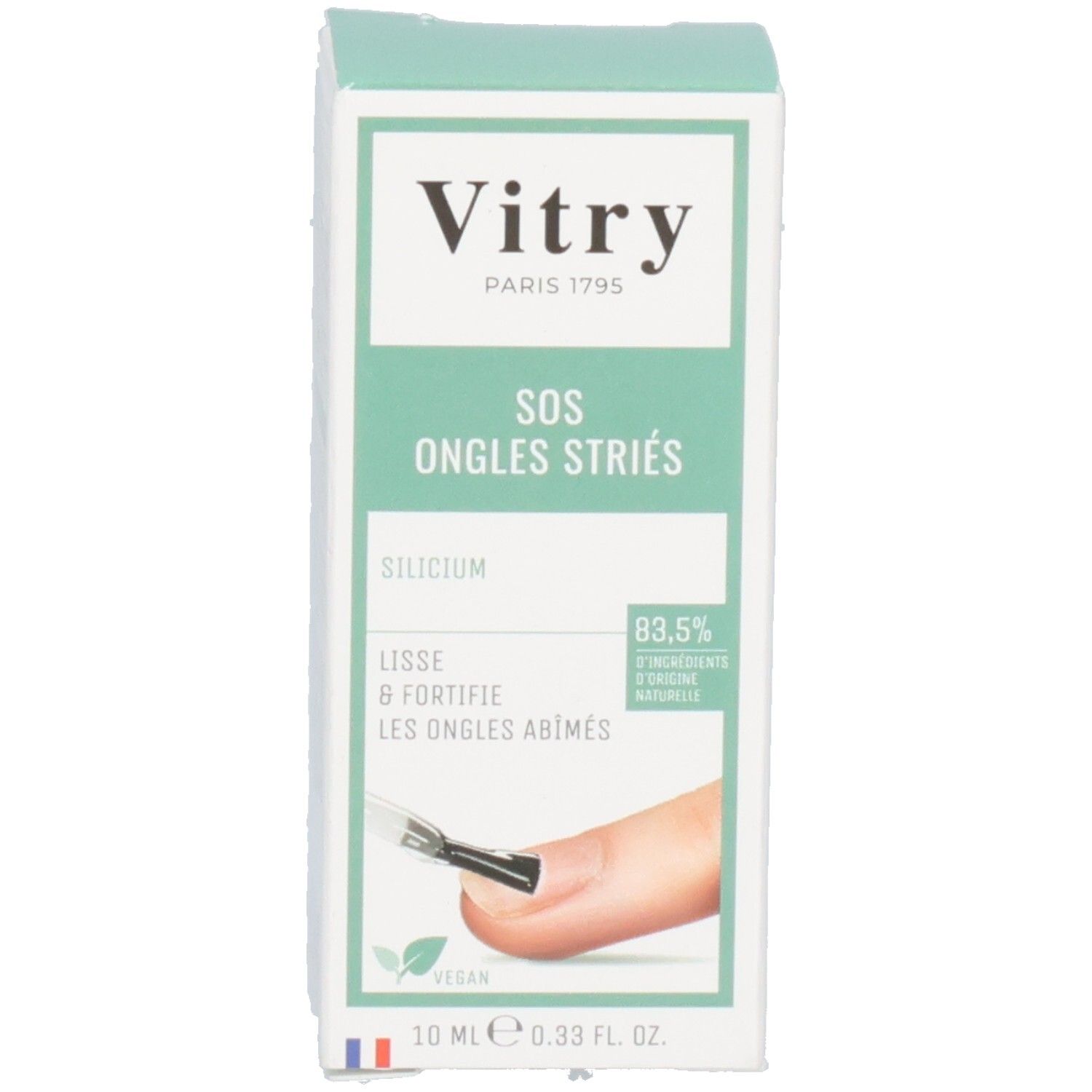 Emballage vernis à ongles Vitry SOS. Inscription: SOS Ongles Striés, Base Lissante, Ridged Nails, Ridge Filling Base. 82% de sources bio.
