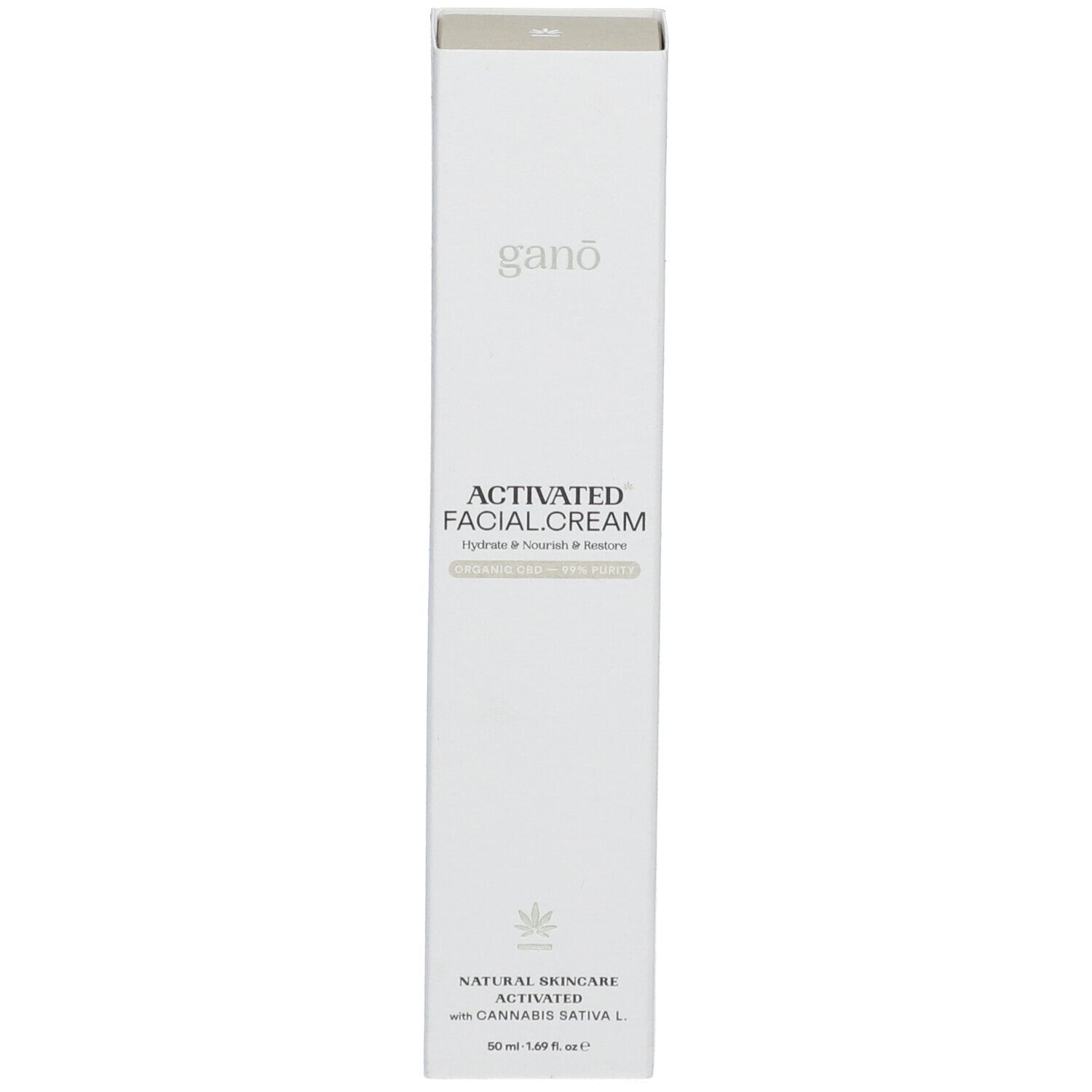 Emballage du produit. Inscriptions: ganō, ACTIVATED FACIAL.CREAM, NATURAL SKINCARE, avec Cannabis sativa L.