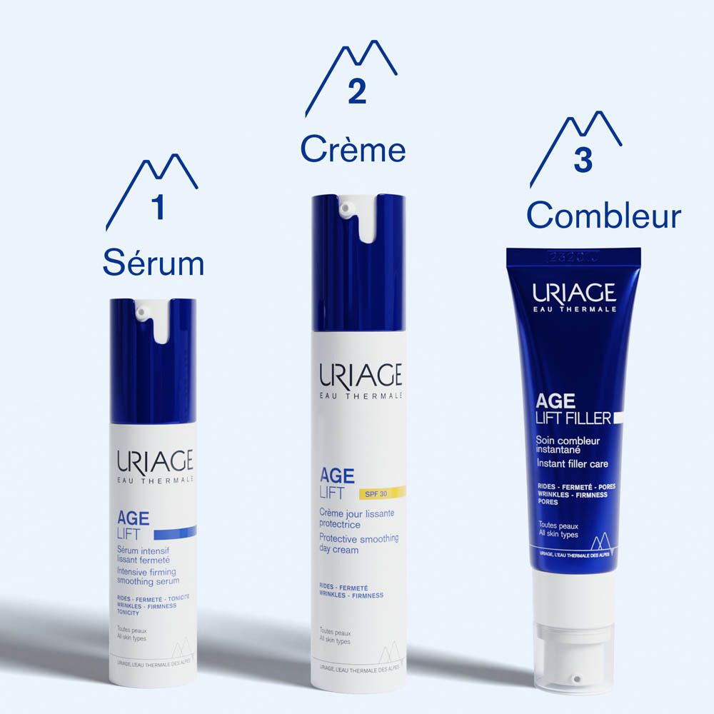 Tube bleu avec bouchon blanc. Texte: Uriage, Age Lift Filler, Soin combleur instantané.