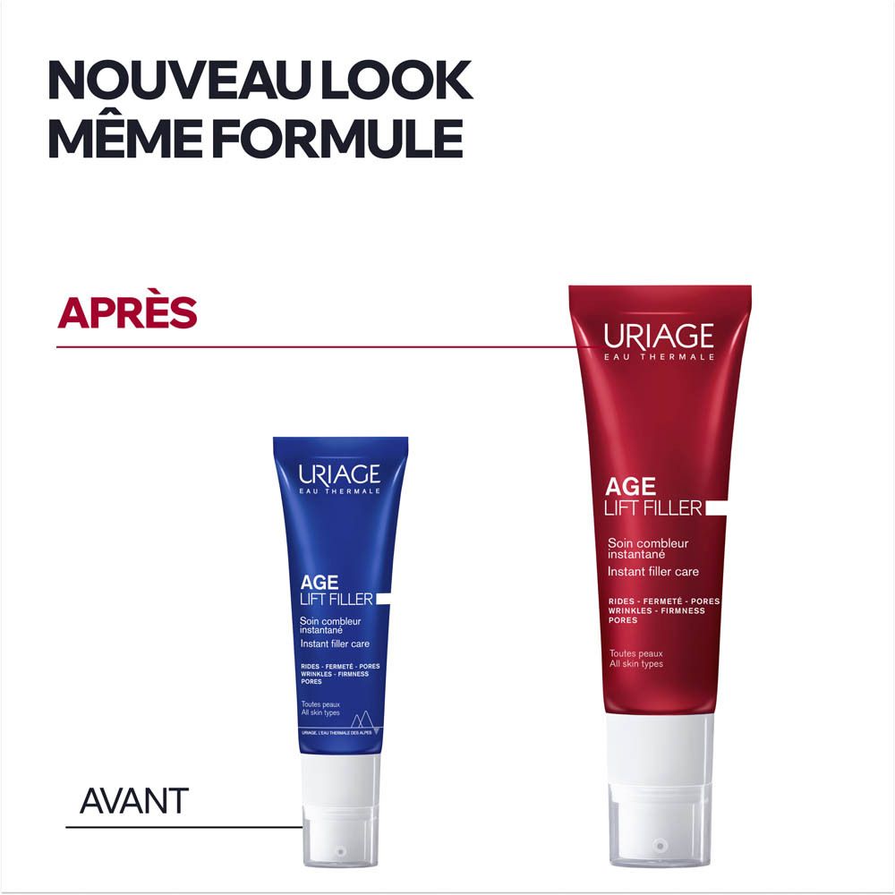 Gros plan d'une peau avec crème Uriage Age Lift Filler.