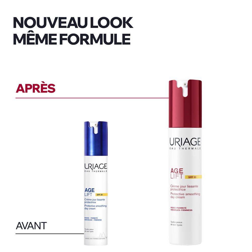 Uriage Age Lift crème jour lissante SPF30, flacon avec distributeur bleu.