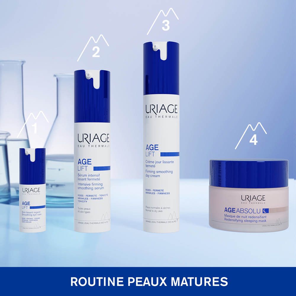 Emballage Uriage Age Lift. Nom du produit et texte. Avec Rétinol, Acide Hyaluronique, AHA.