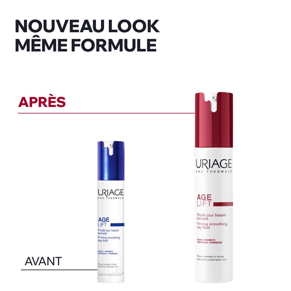 Fluide jour lissant fermeté Uriage Age Lift dans un flacon blanc avec pompe bleue.
