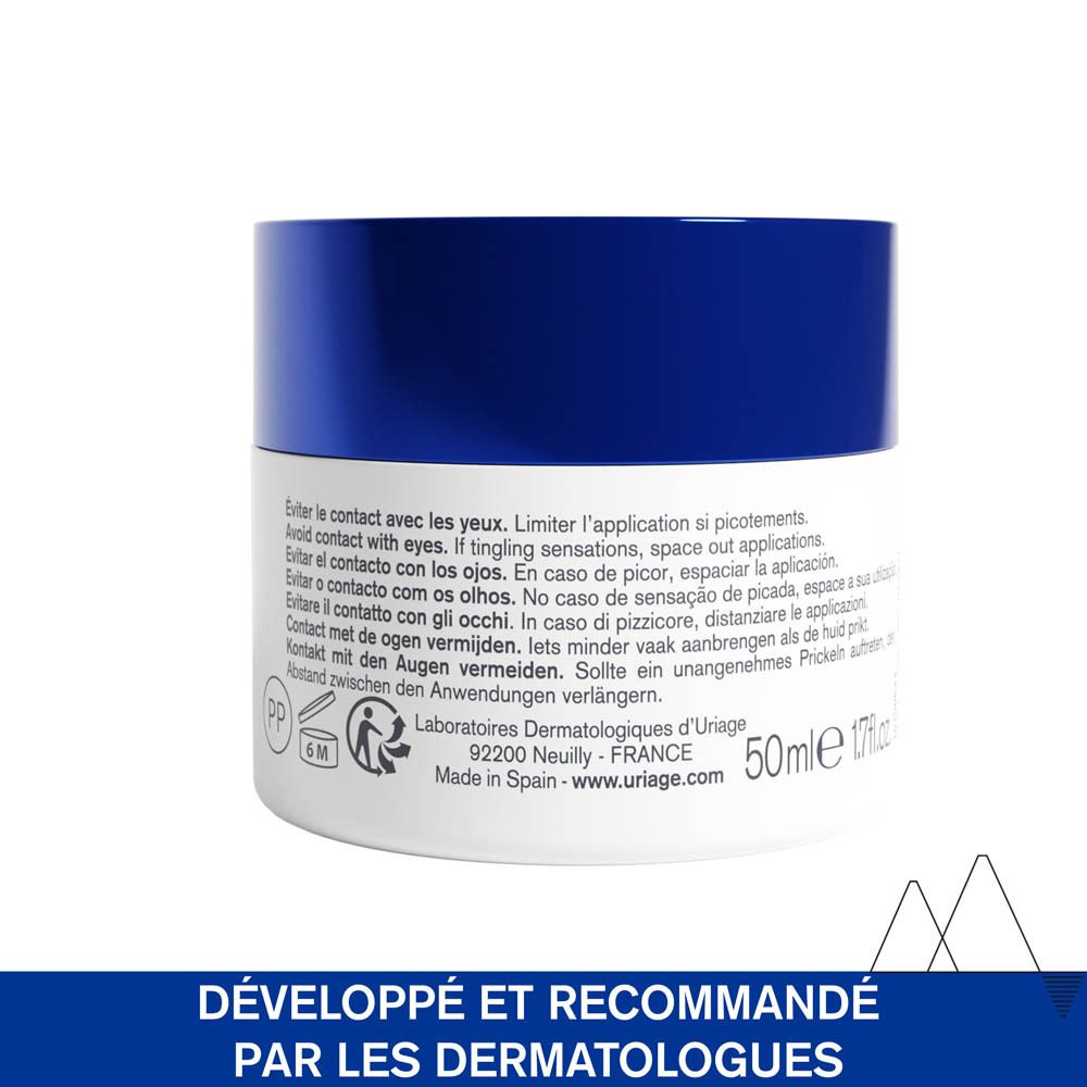 Pot de crème avec couvercle bleu. Inscription: Uriage, Age Lift Peel, Crème nuit peau neuve. Symbole lune.