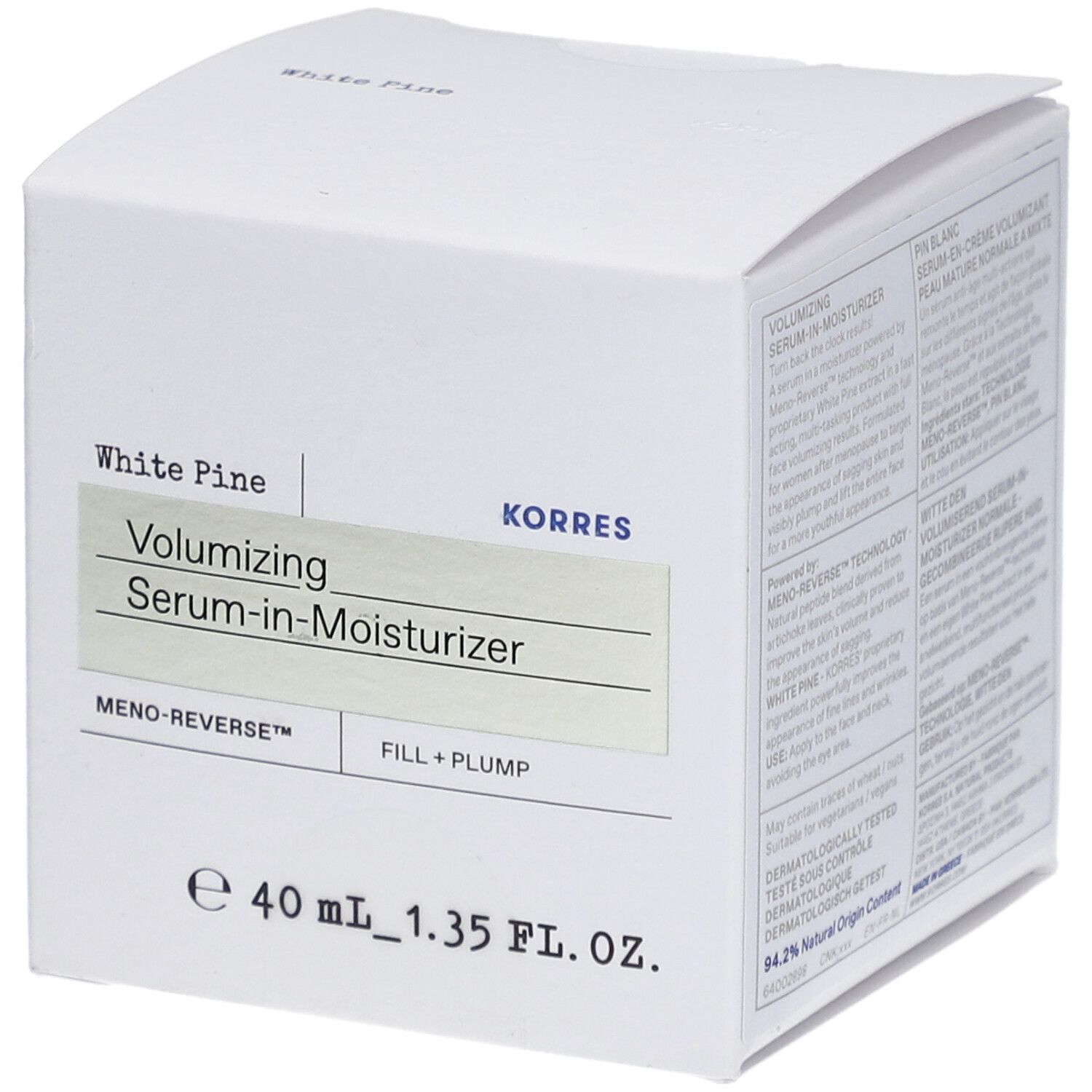Boîte blanche avec informations produit. Inscriptions: White Pine, Volumizing Serum-in-Moisturizer, KORRES.