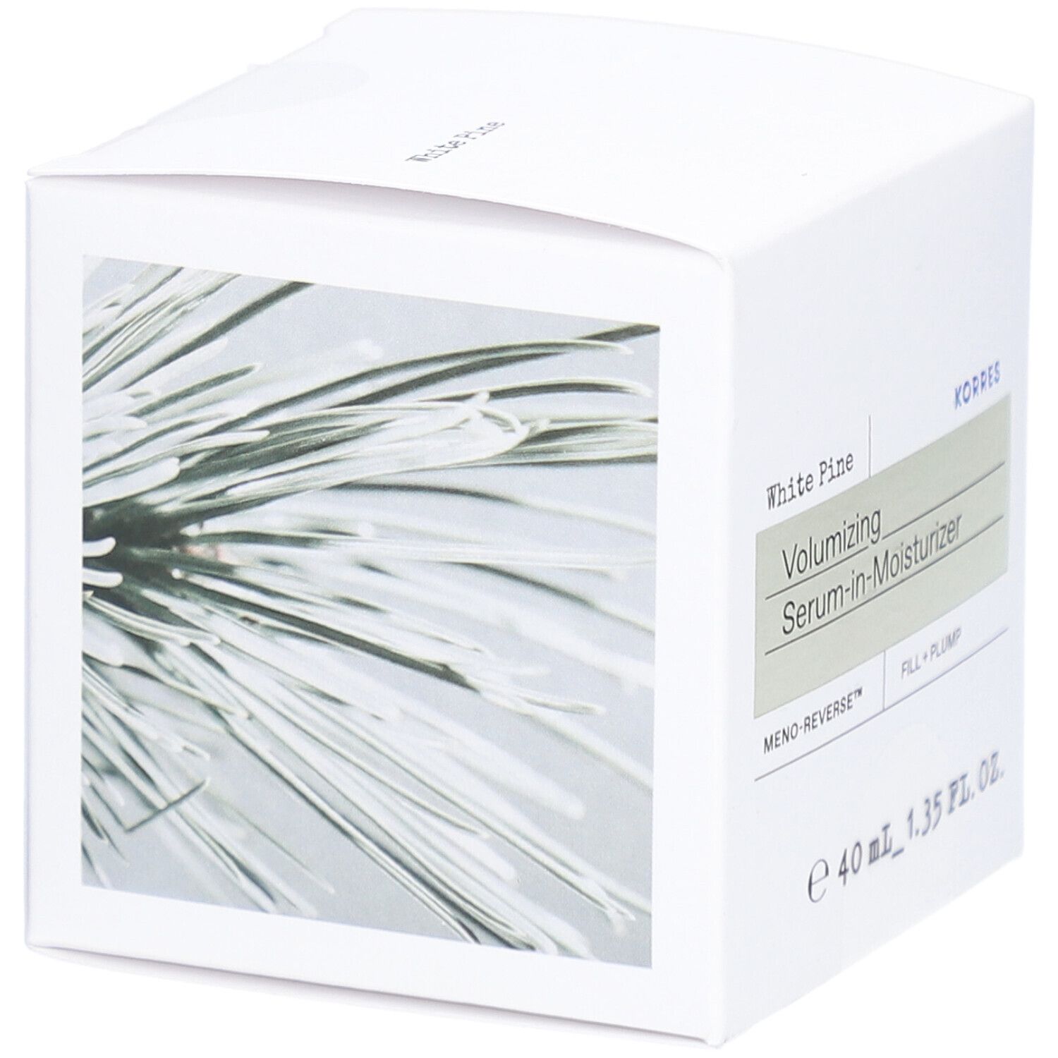 Boîte blanche avec image d'aiguilles de pin. Inscriptions: White Pine, Volumizing Serum-in-Moisturizer, KORRES.