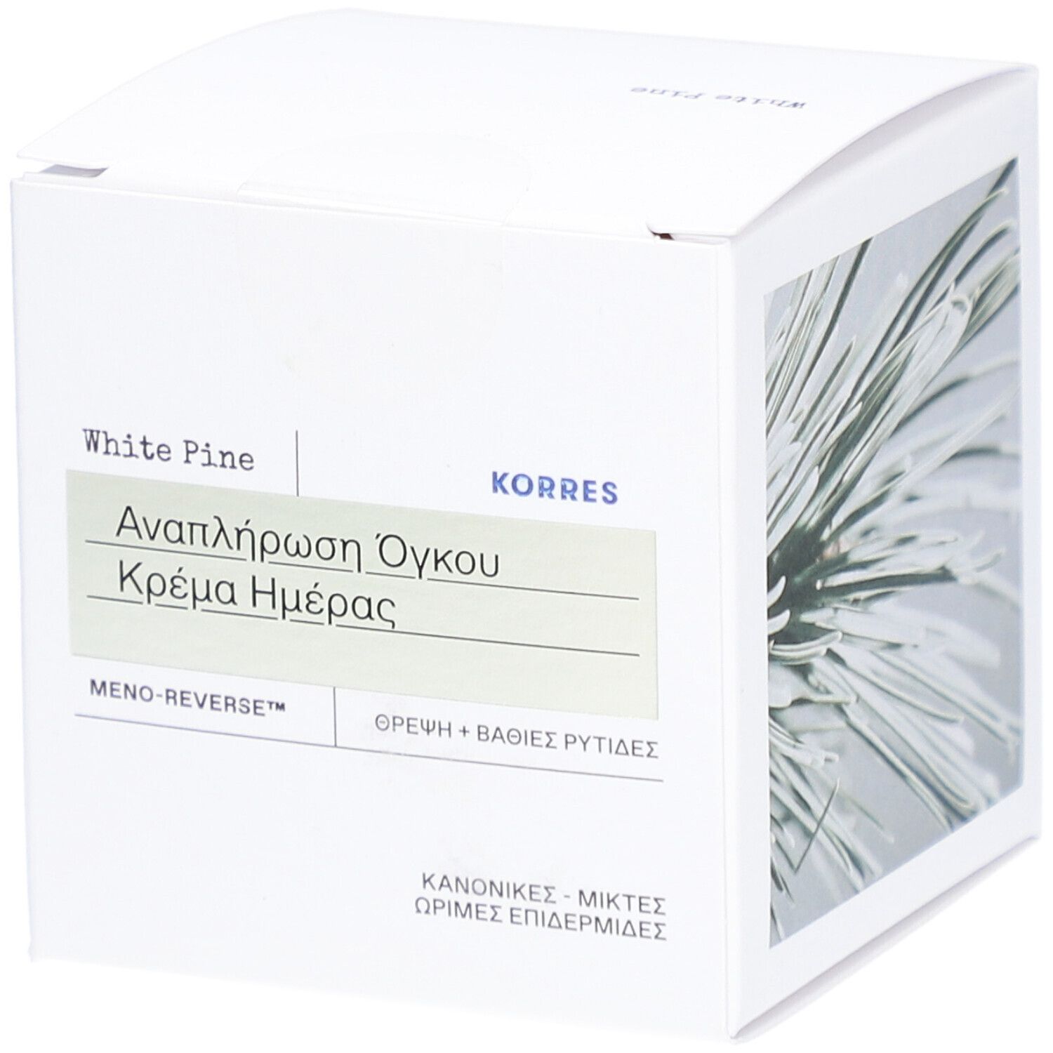 Boîte blanche avec désignation grecque du produit. Inscriptions: White Pine, KORRES.