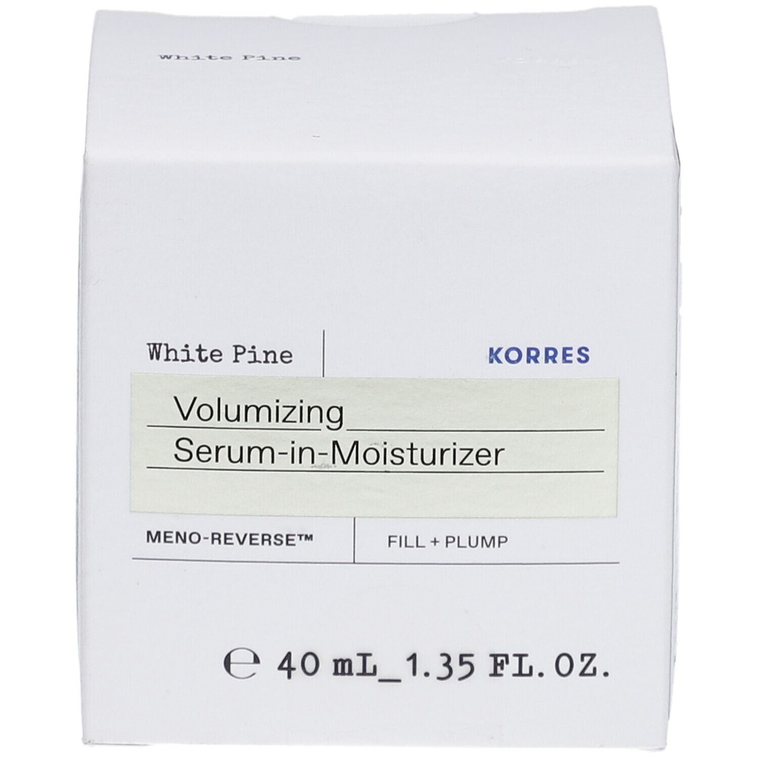 Boîte blanche avec informations produit. Inscriptions: White Pine, Volumizing Serum-in-Moisturizer, KORRES.
